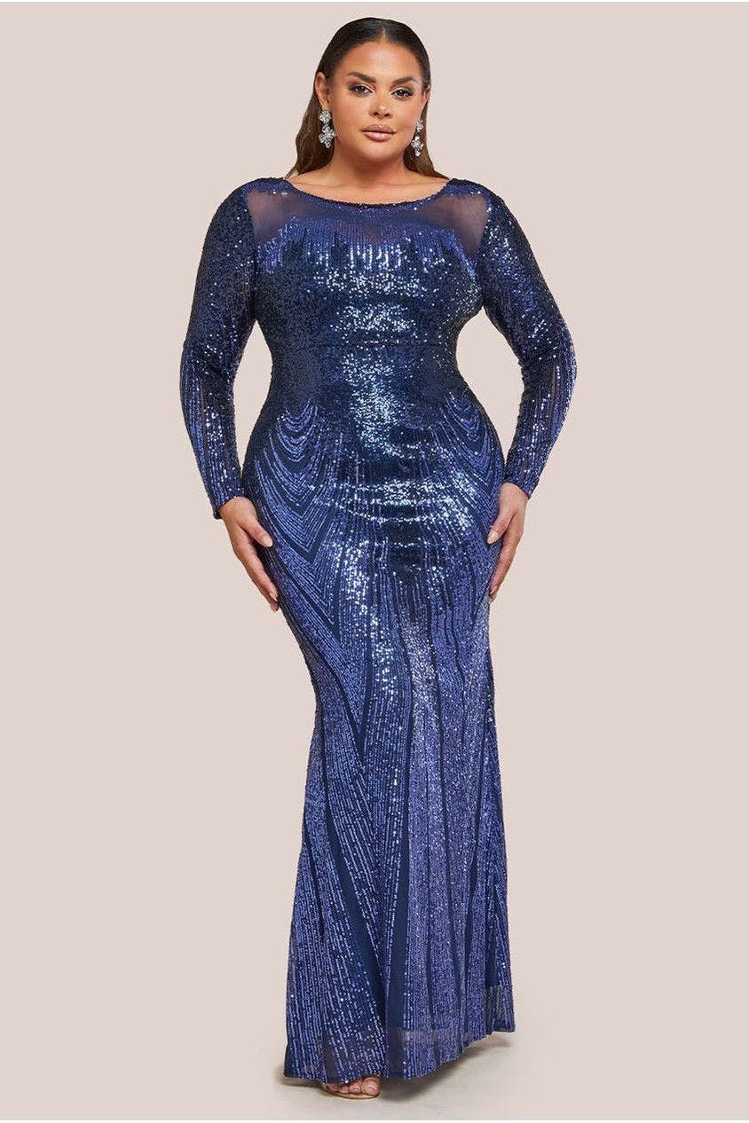 Goddiva Plus Black Long Sleeve Aztec Sequin Maxi Dress - Navy By - Navy - 24