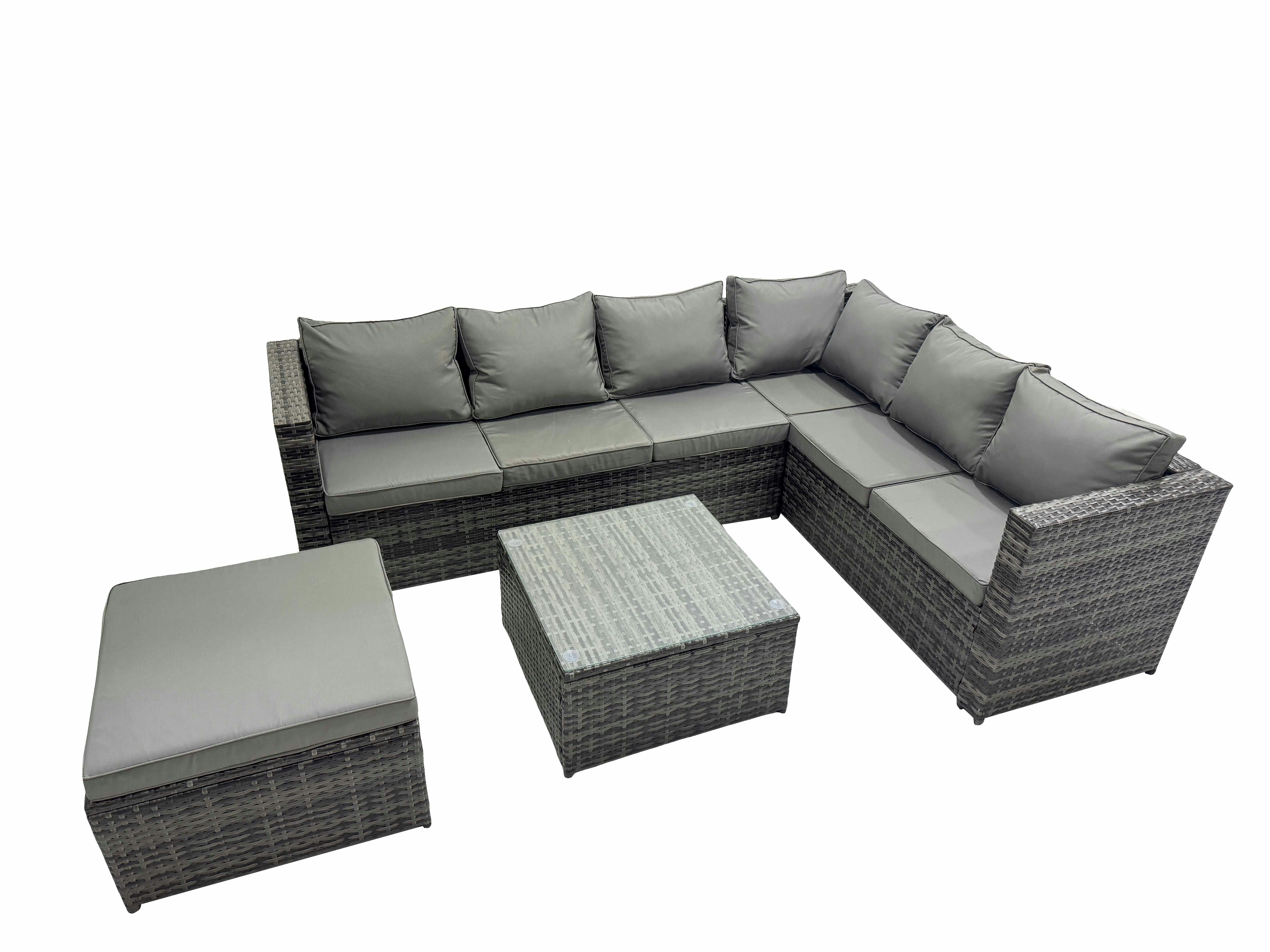 Rackhams Dark/Grey Outdoor Pe Rattan Garden Furniture Sofa Set With Square Coffee Table Big Stool