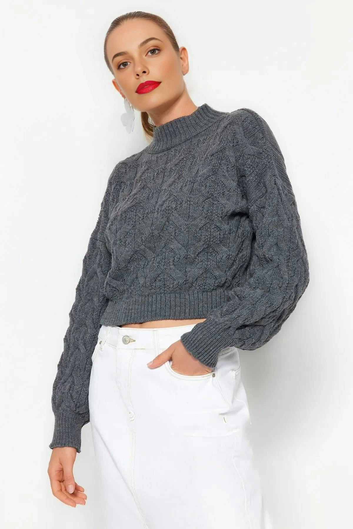 Wovcor Grey Crop Stand Collar Knit Sweater - S