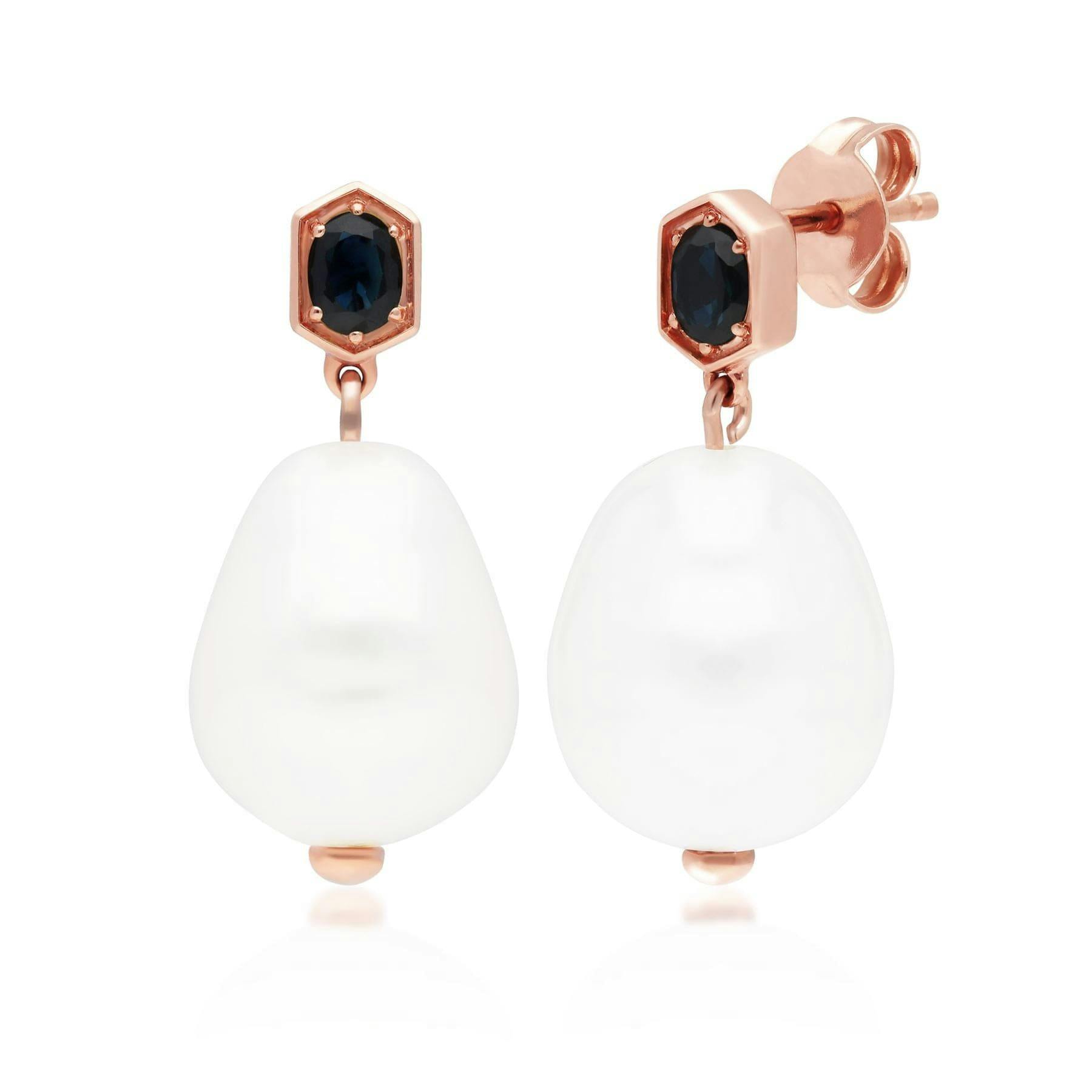 Gemondo Gold/Silver Modern Baroque Pearl & Sapphire Drop Earrings In Rose Plated
