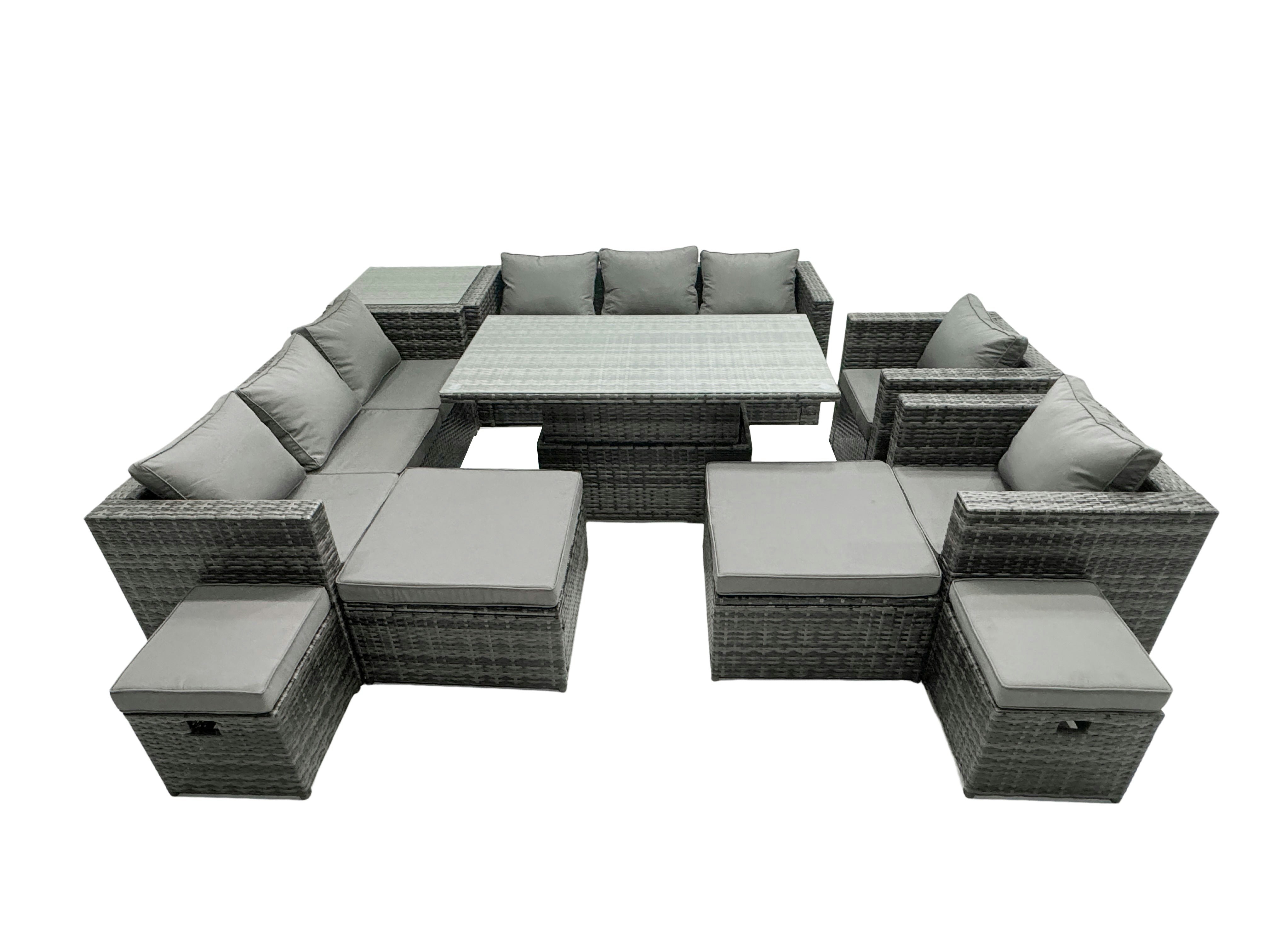 Rackhams Dark/Grey Rattan Dining Table Sofa Set With Side Table 2 Armchair 4 Stools Outdoor 12 Seat Garden Furniture Set Mixed