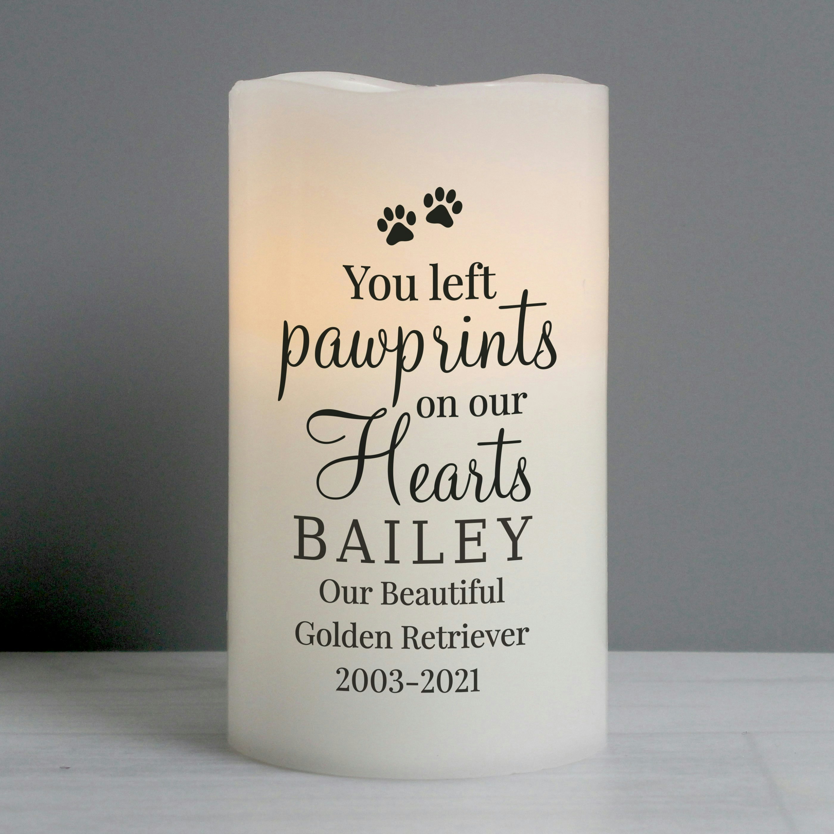 Personalised Memento Company Personalised Pawprints On Our Hearts Led Candle