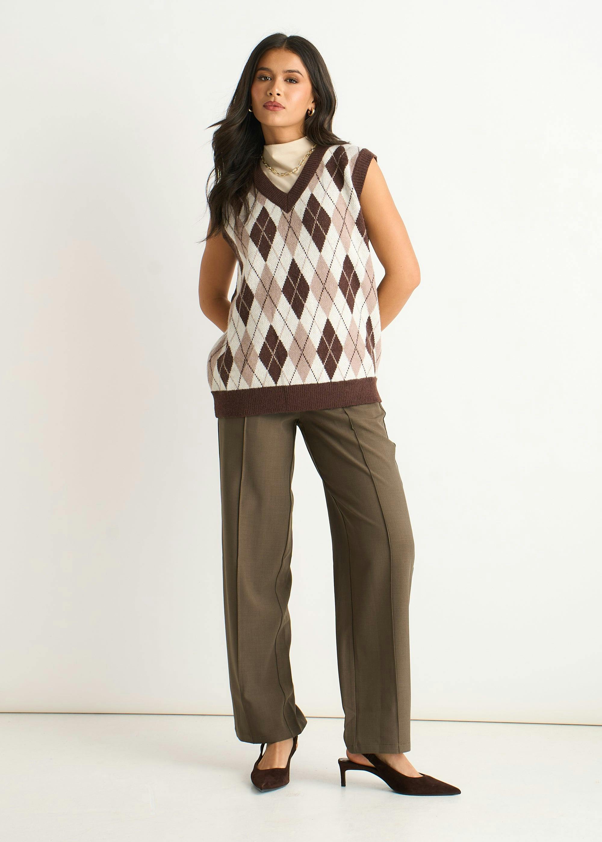 Gini London Brown/White/Beige Chocolate Argyle Knit Vest Jumper - S-M (Uk 8-10/Us 4-6/Eu 36-38)
