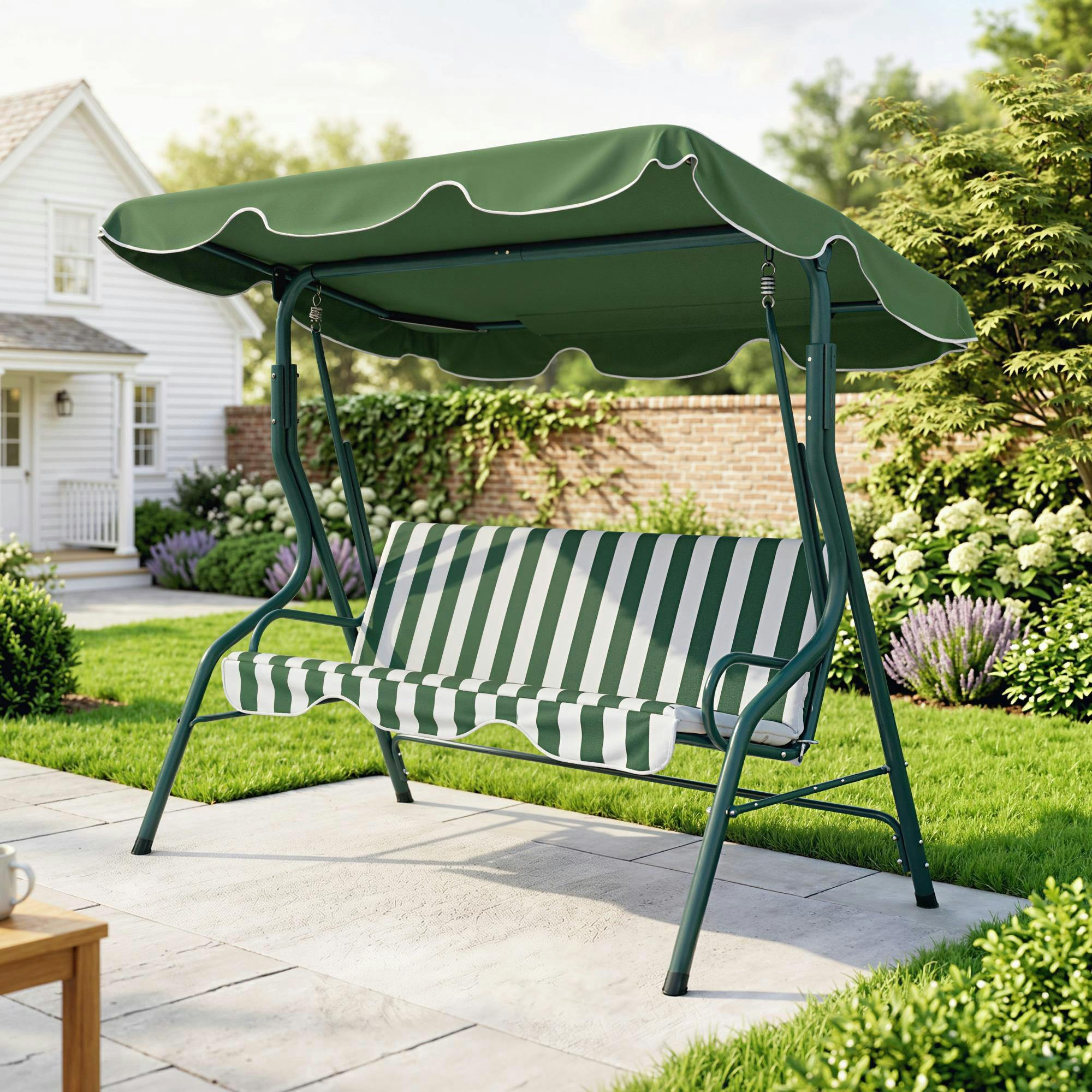 Outsunny 3-Person Garden Swing Chair W/ Adjustable Canopy, Green Stripes - Image 3
