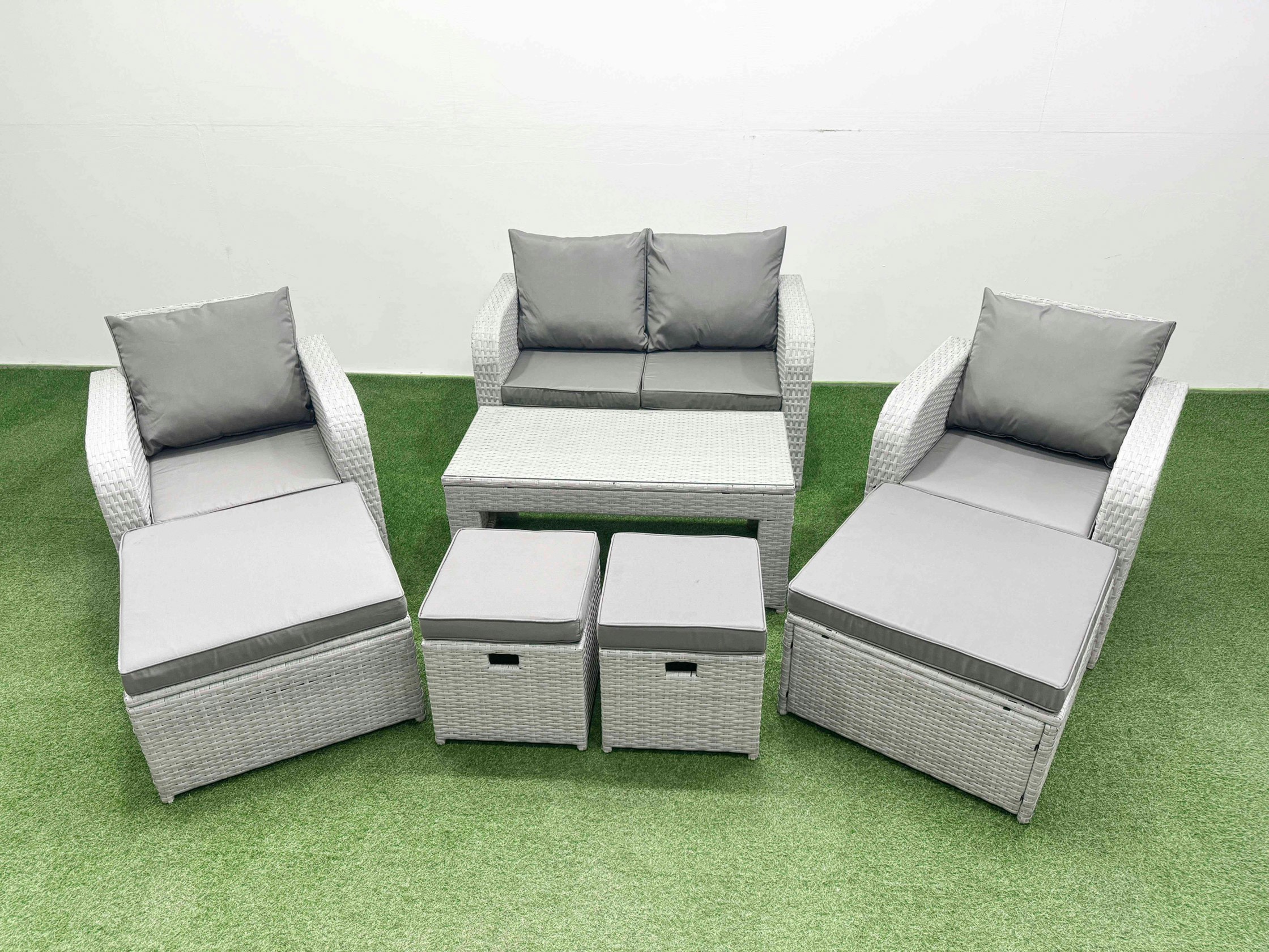 Fimous Light/Grey Pe Wicker Rattan Furniture Sets With Oblong Coffee Table Love Sofa Reclining Chair 4 Stools Mixed