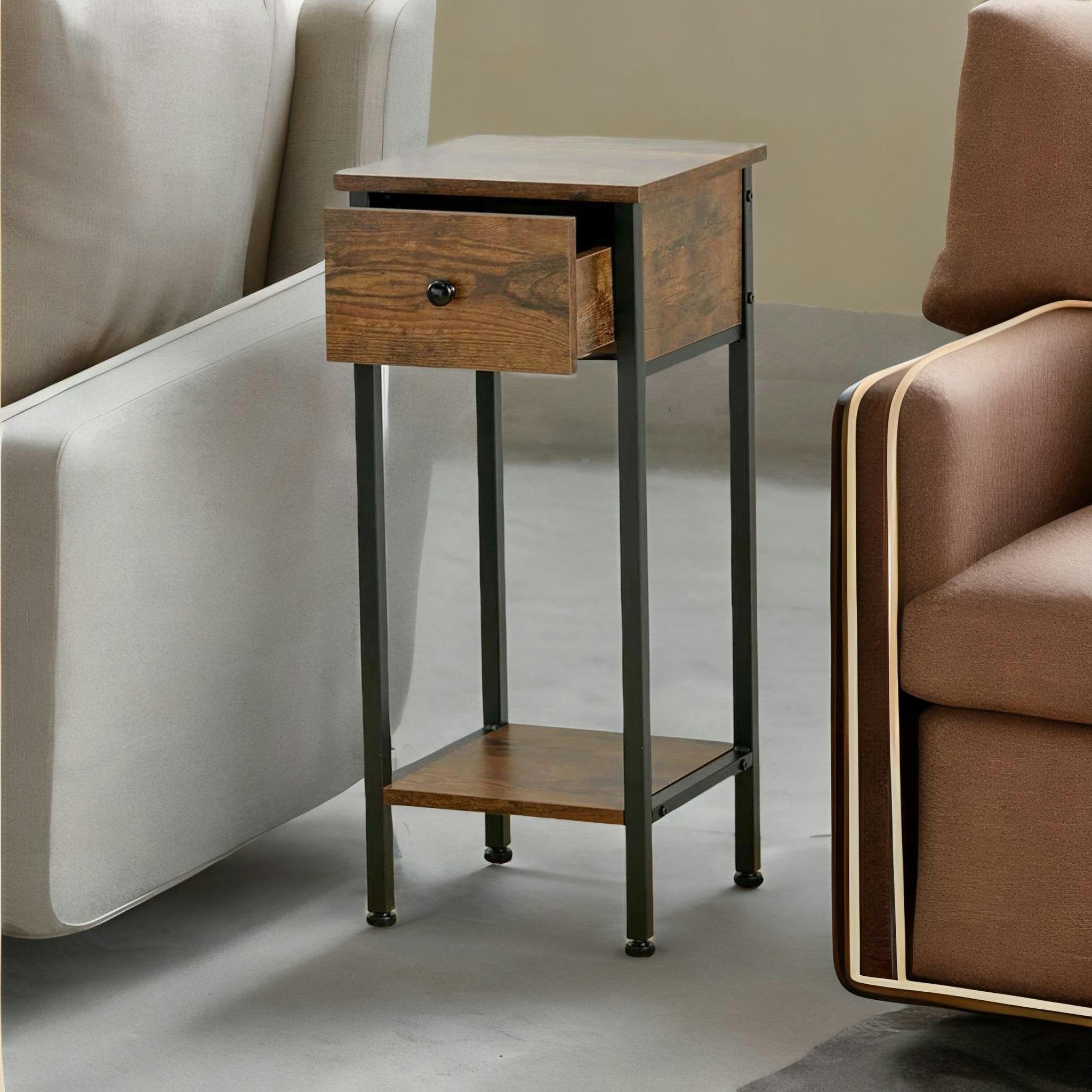 Rafaelo Mobilia Black Industrial Narrow Bedside Table With Drawer