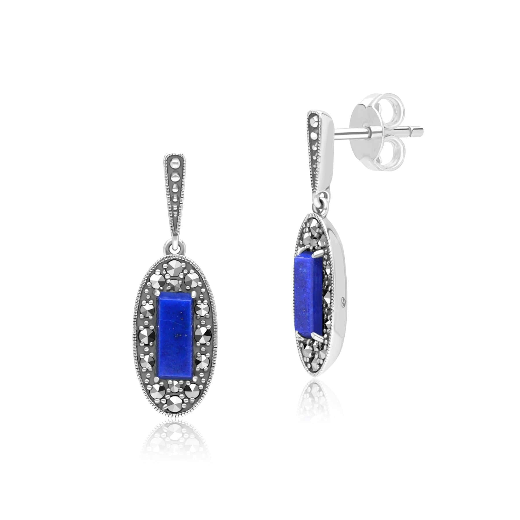 Gemondo Silver Art Deco Style Oval Lapis Lazuli And Marcasite Drop Earrings In Sterling