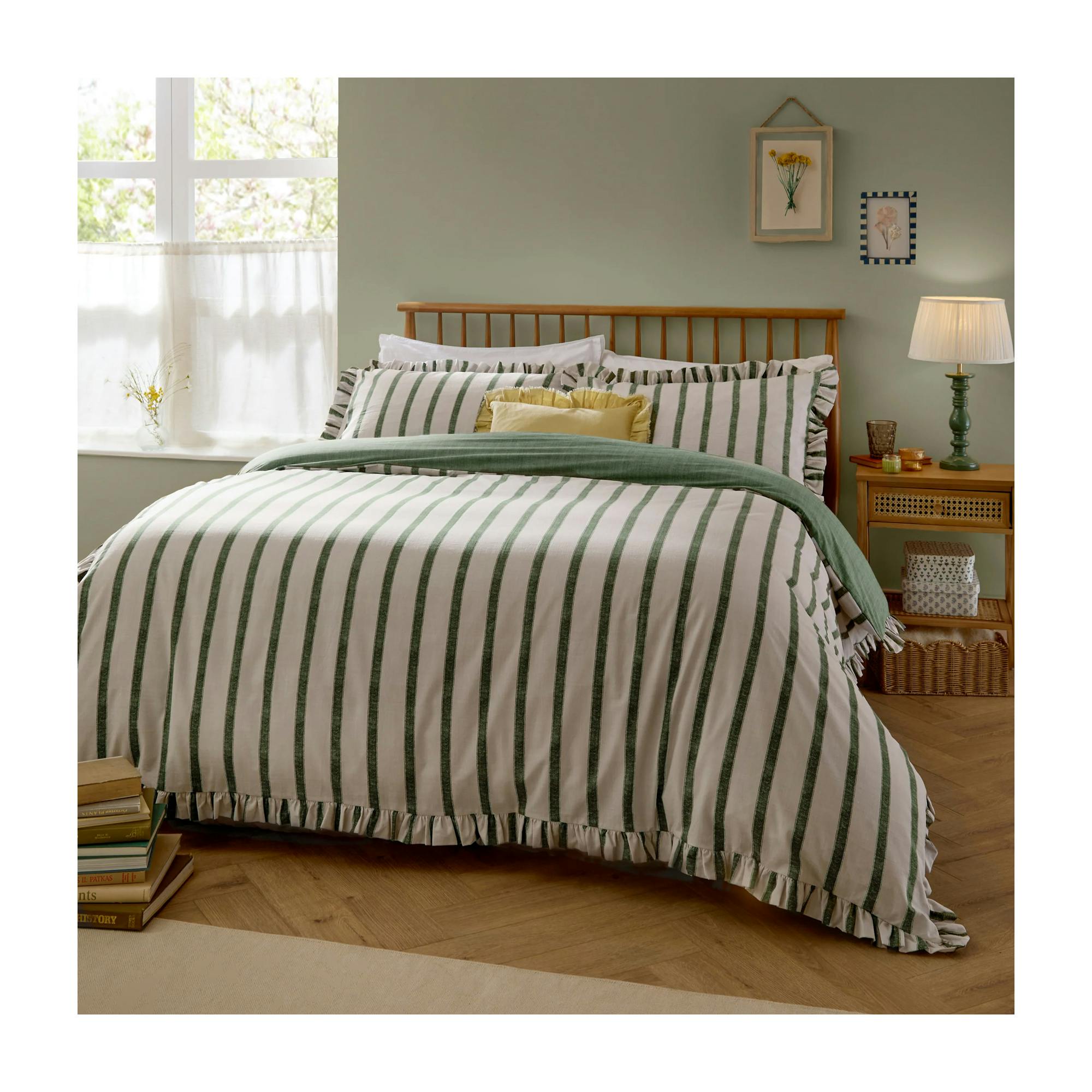 Rackhams Connie Ruffles Striped Duvet Cover Set - Moss - Double - Moss - 60% Cotton/40% Polyester