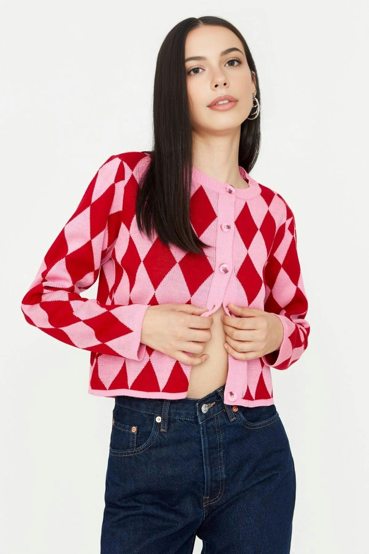 Wovcor Pink Crop Patterned Knit Cardigan - S