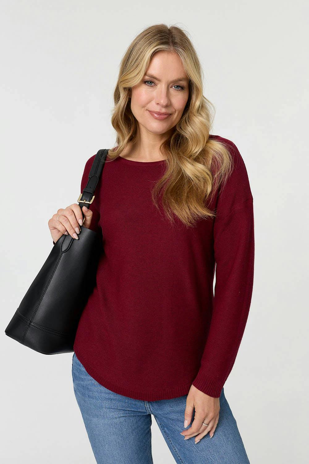 Izabel London Burgundy Textured Batwing Long Sleeve Jumper - 10
