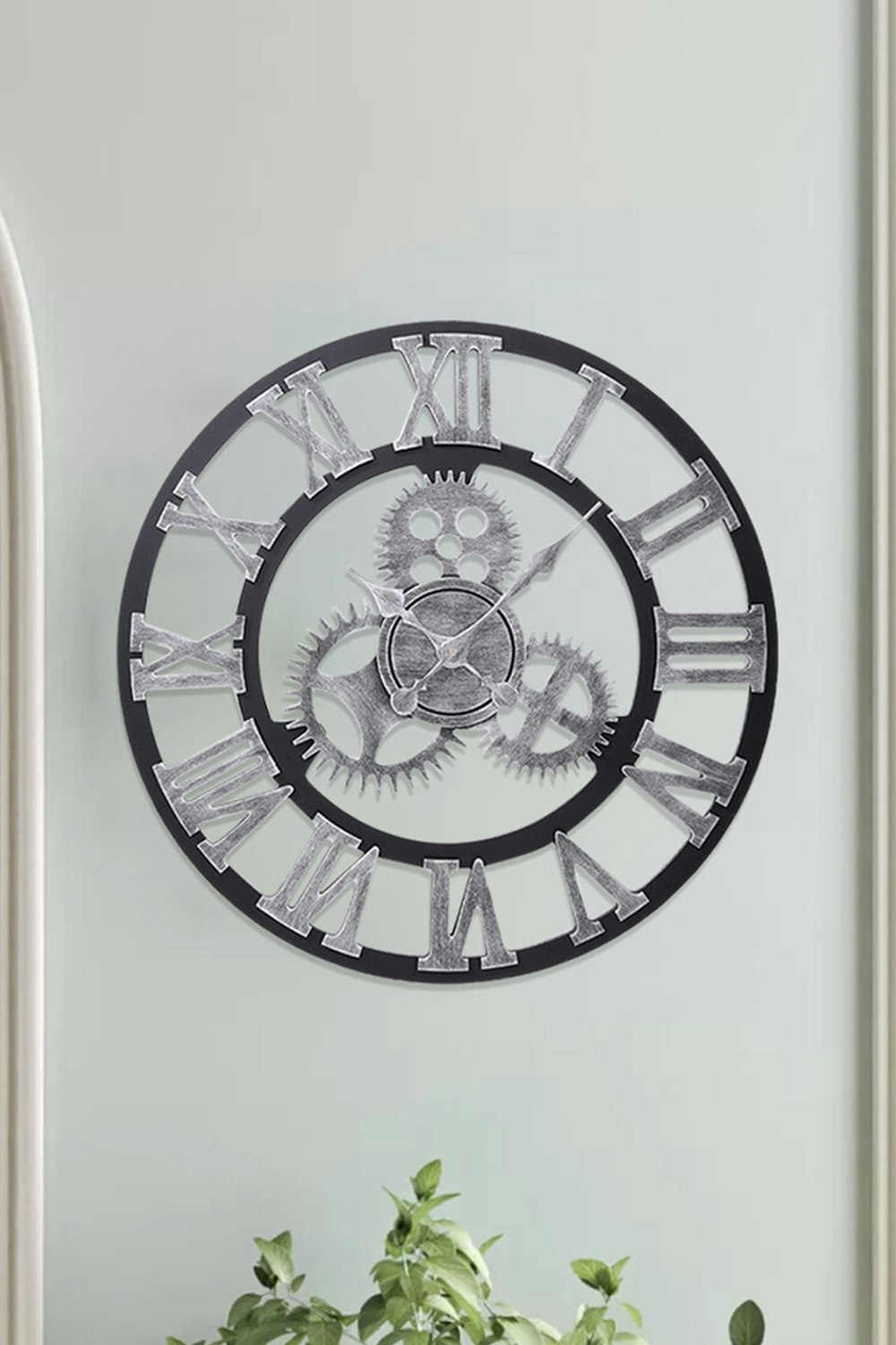 Rackhams Silver 58Cm Dia Industrial Style Round Roman Numeral Gear Wall Clock