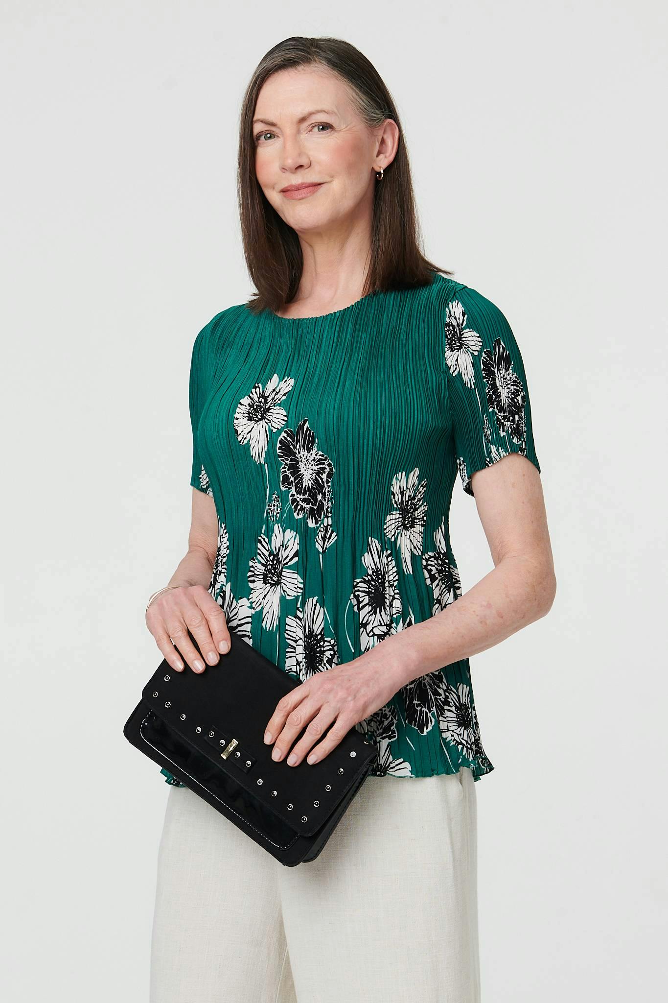 Izabel London Green Floral Pleated Texture Short Sleeve Top - S/M