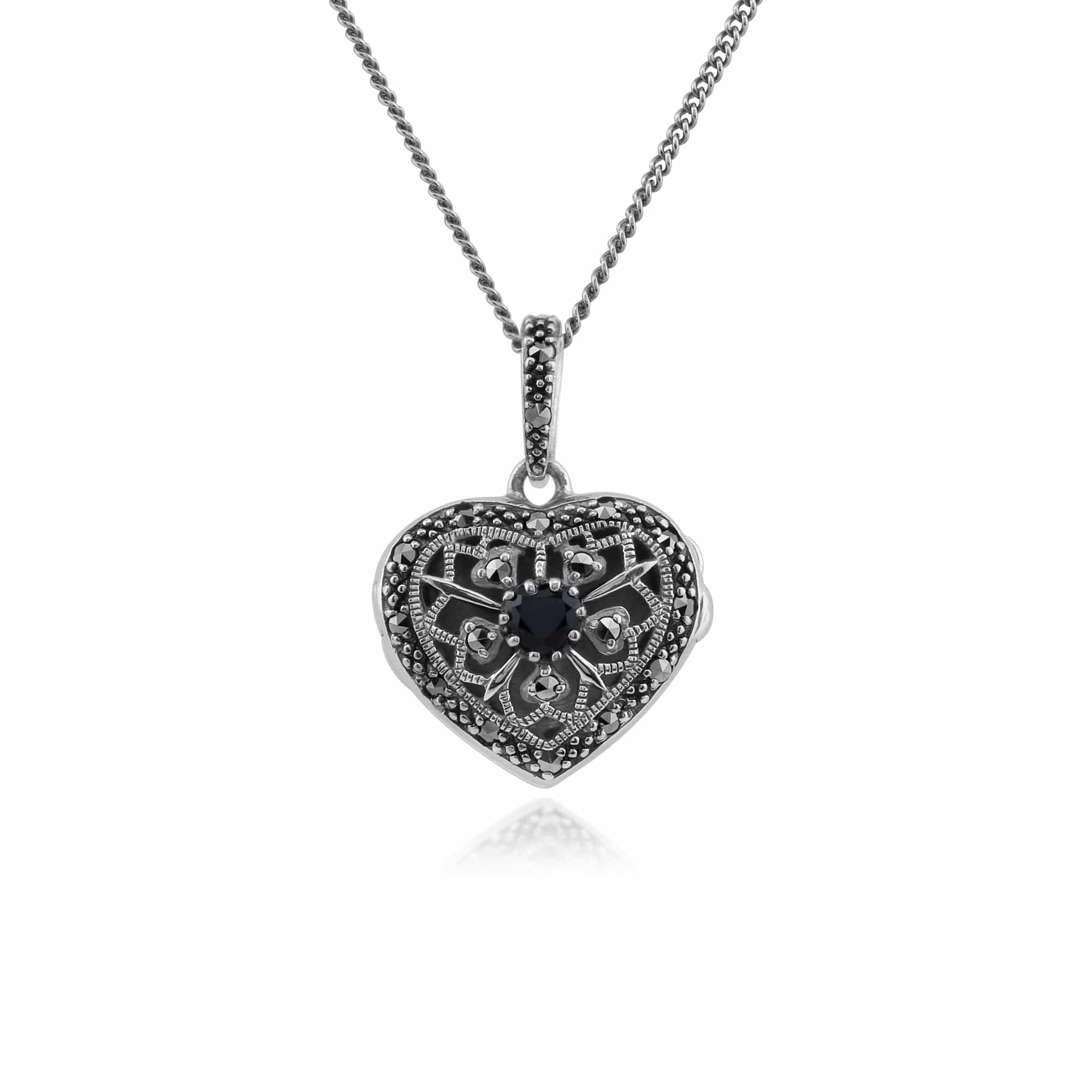 Gemondo Silver Art Nouveau Style Round Sapphire & Marcasite Heart Necklace In 925 Sterling - Sterling Sapphire & Marcasite September Birthstone Heart Locket Necklace