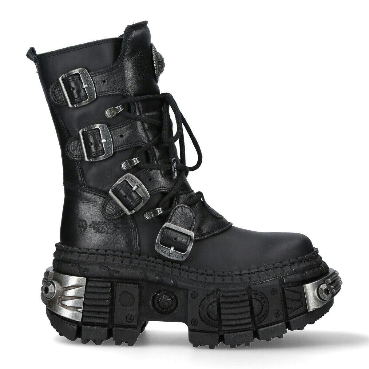 New Rock Unisex Black Mid-Calf Leather Platform Boots-Wall373-S3 - Uk 6 | Eu 39 | Us 8.5