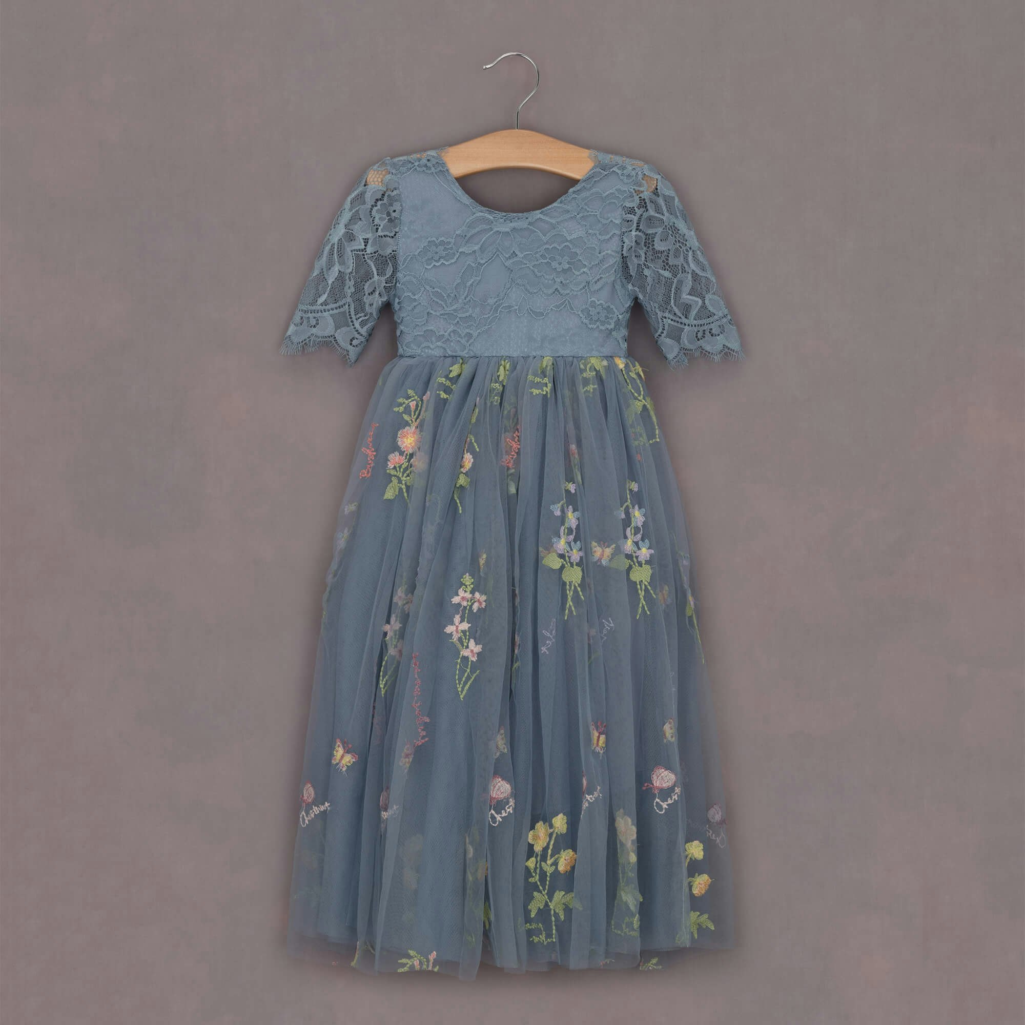 Uk Flower Girl Boutique Girls Blue Uk Flower Boutique Enchanted Dress - Embroidered Dusty Lace - 12/24 Months