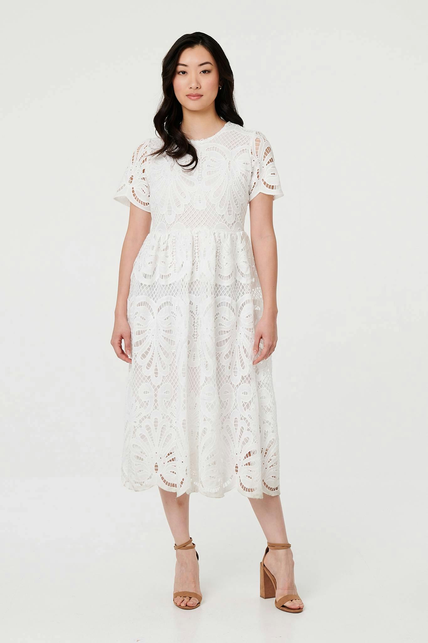 Izabel London White Semi Sheer Lace Layered Midi Dress - 10