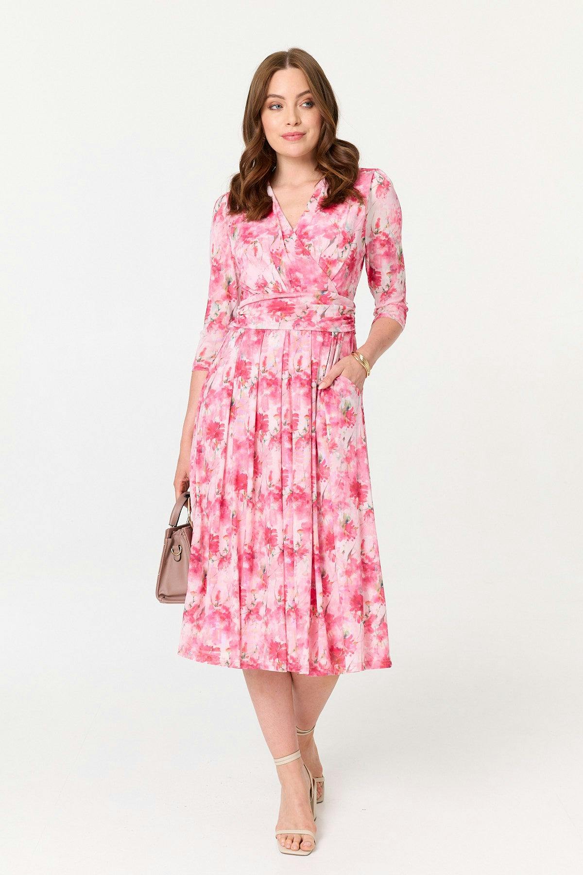 Izabel London Pink Floral Pleated Shirred Wrap Midi Dress - 14