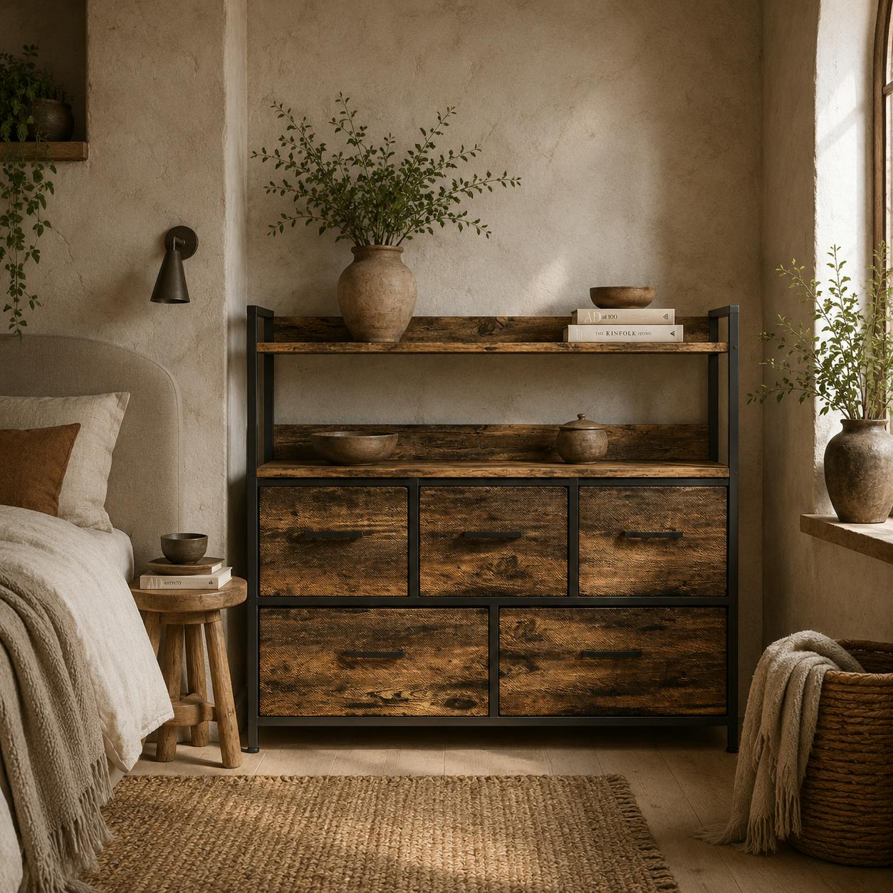 Wyld Haus Brown Yoyota Fabric And Wood Rustic 5 Drawer Rustic Storage Chest