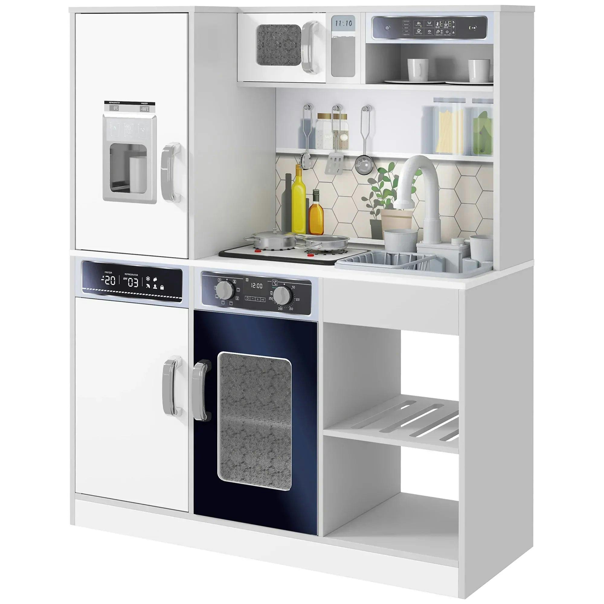 Bobobiy White Pretend Play Toy Kitchen, Kids Kitchen Playset W/ Sounds, Lights, Running Water, Coffee Maker, Refrigerator