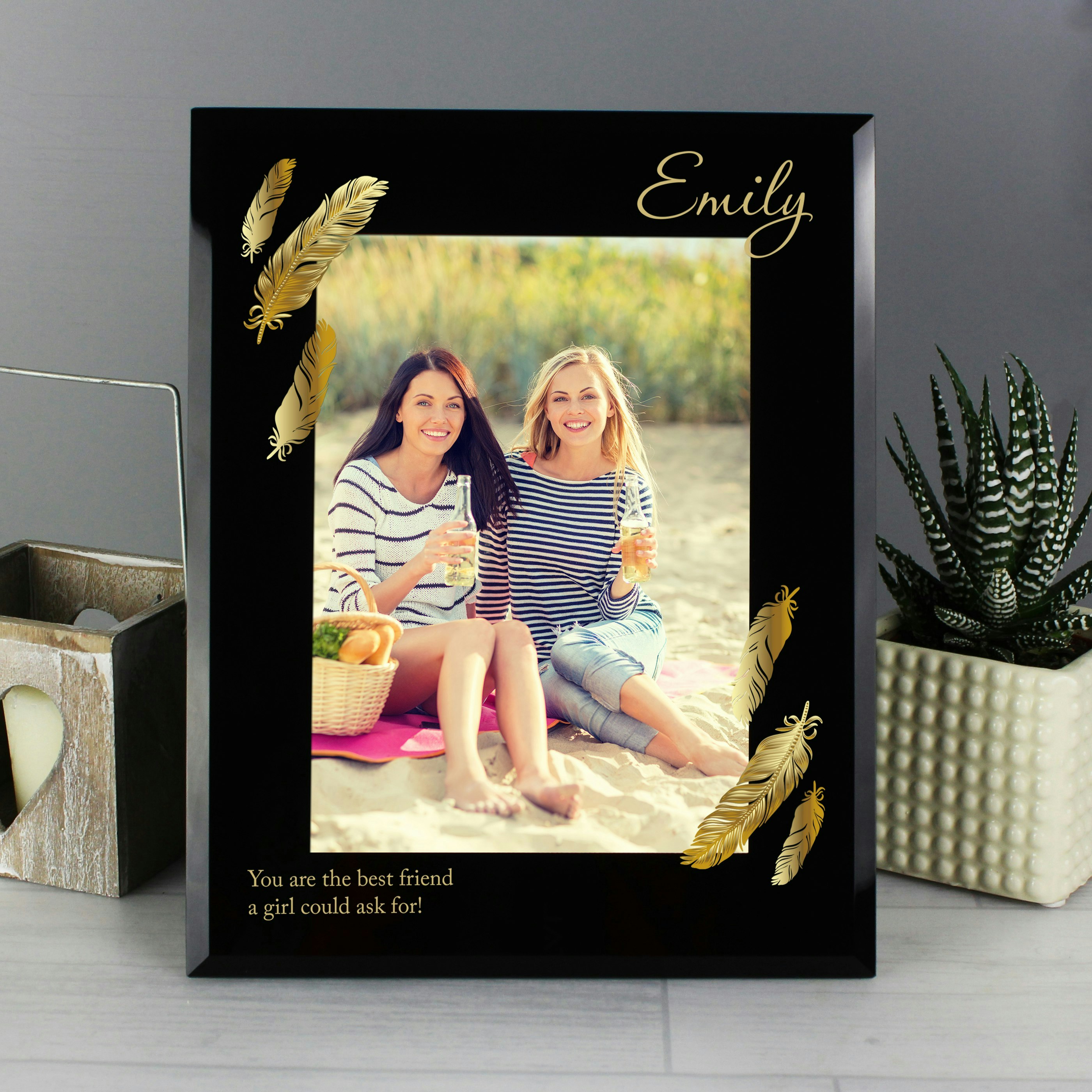 Personalised Memento Company Golden/Black Personalised Feather 5X7 Glass Photo Frame