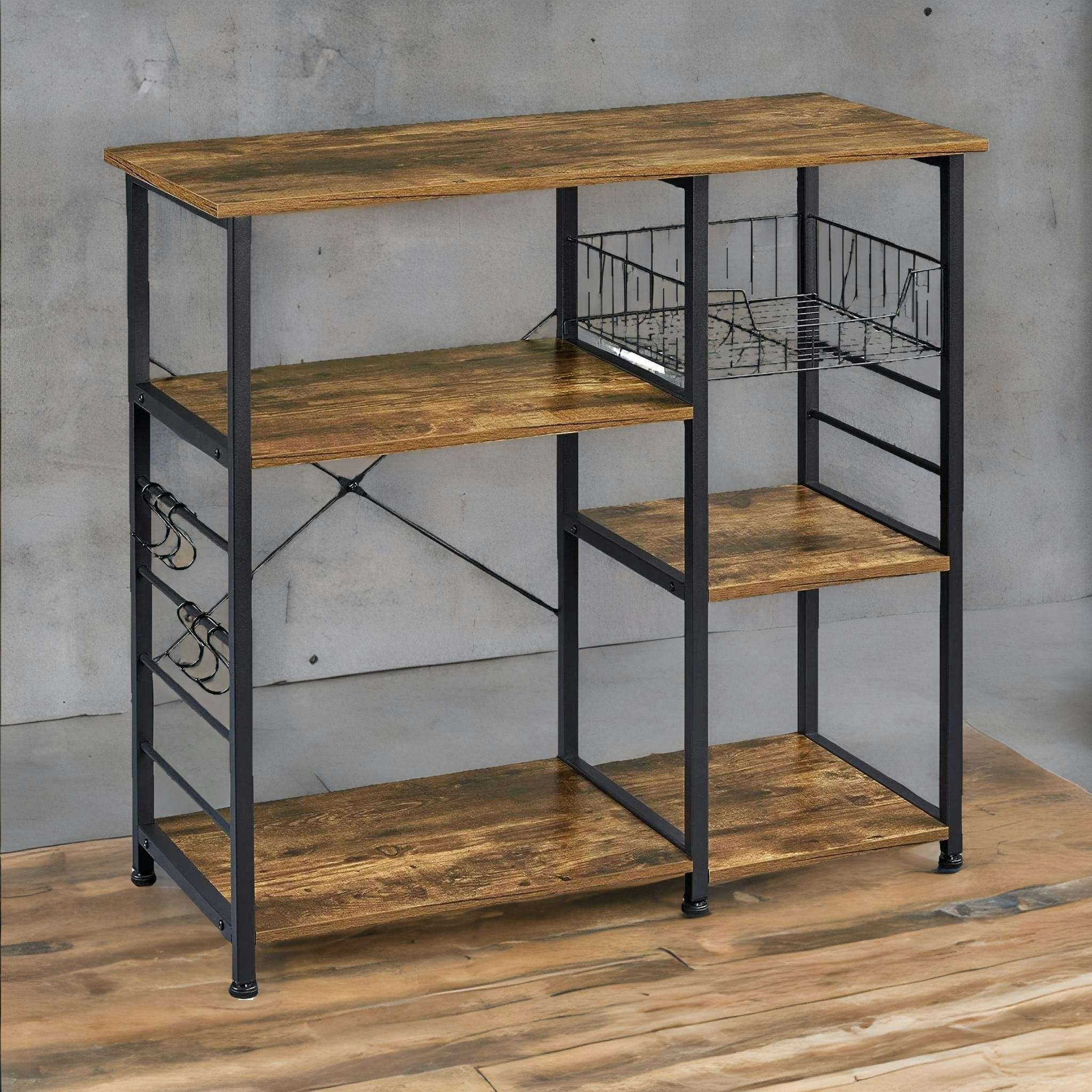Rackhams Industrial Kitchen Baker's Rack With Storage Shelves & Hooks