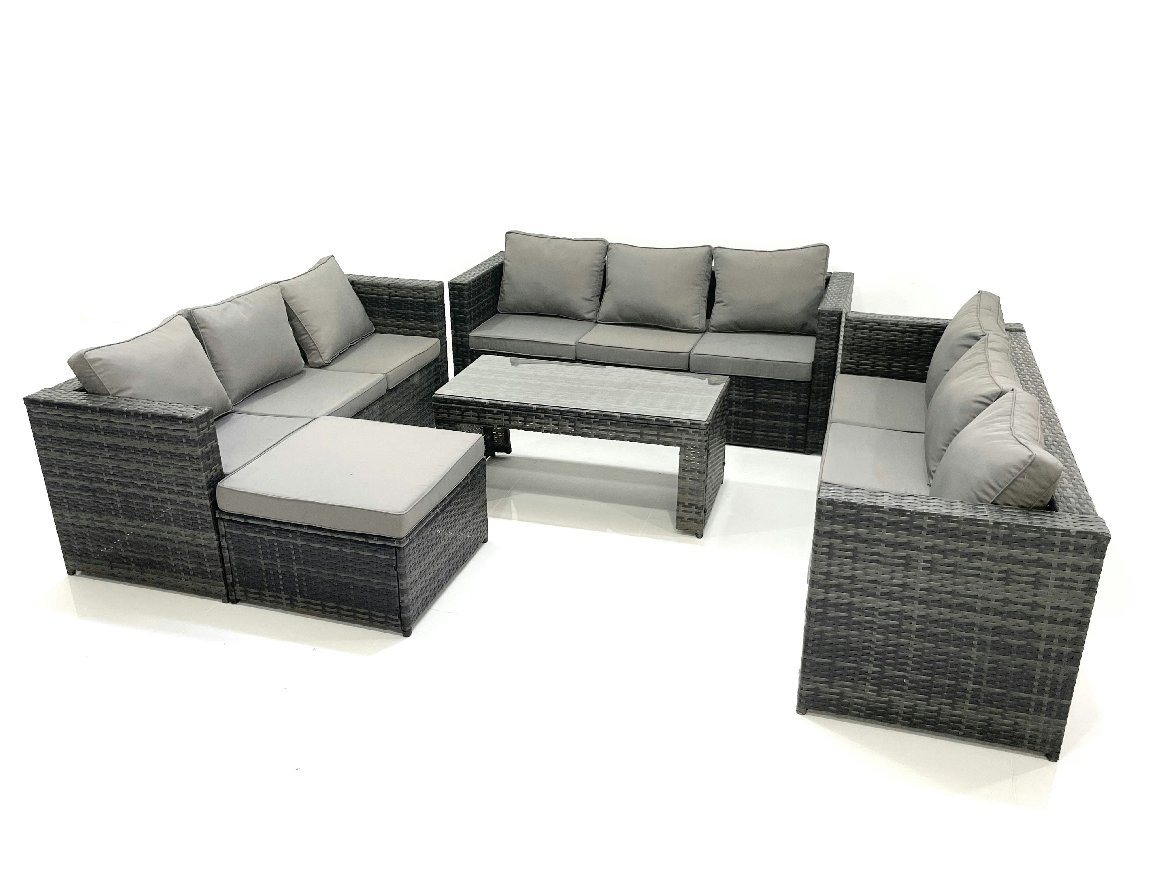 Rackhams Dark/Grey Outdoor Garden Furniture Set 10 Seater Rattan Sofa Set With Coffee Table Big Footstool Mixed