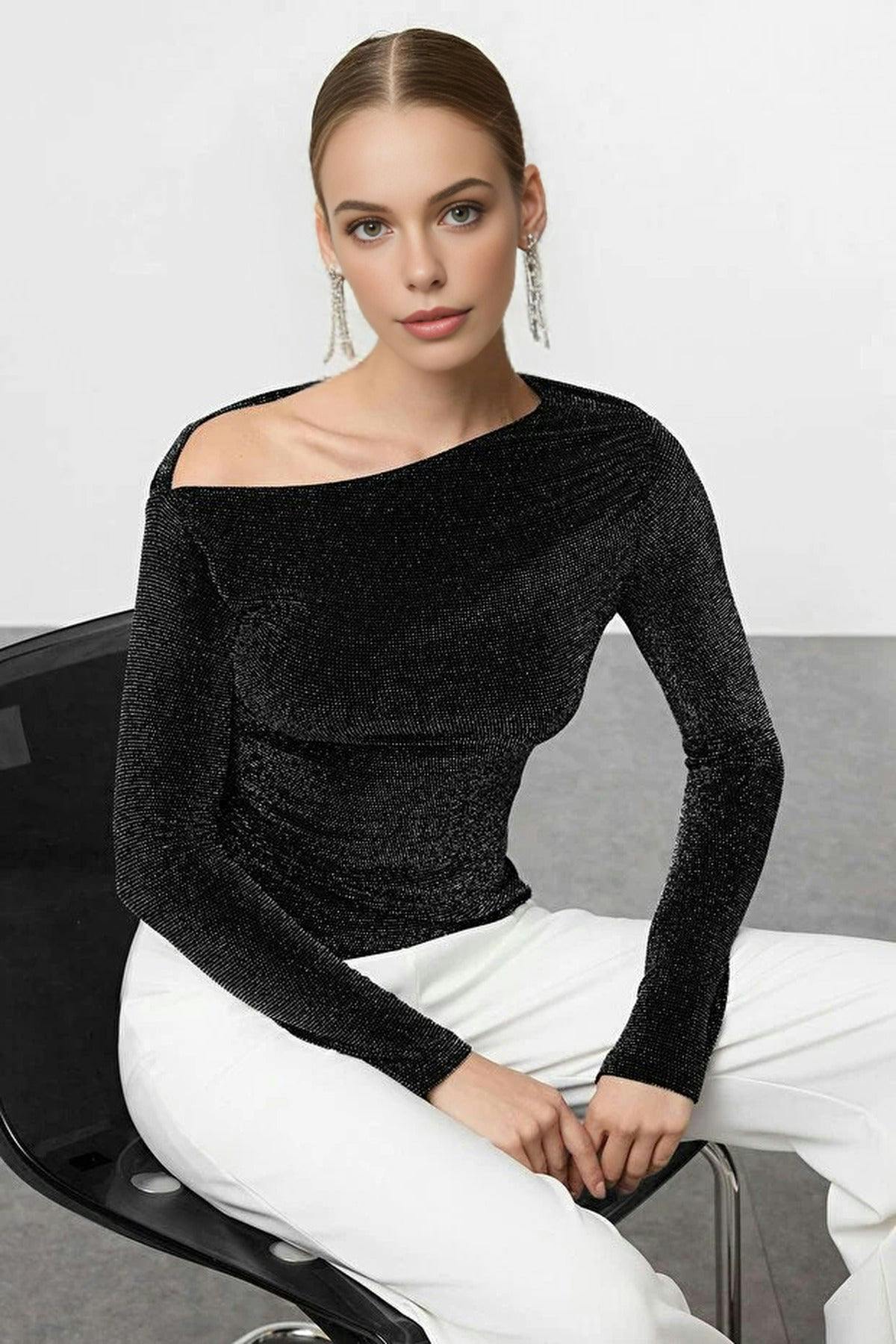 Wovcor Black Asymmetrical Collar Glittery Knit Chic Party Blouse - 8