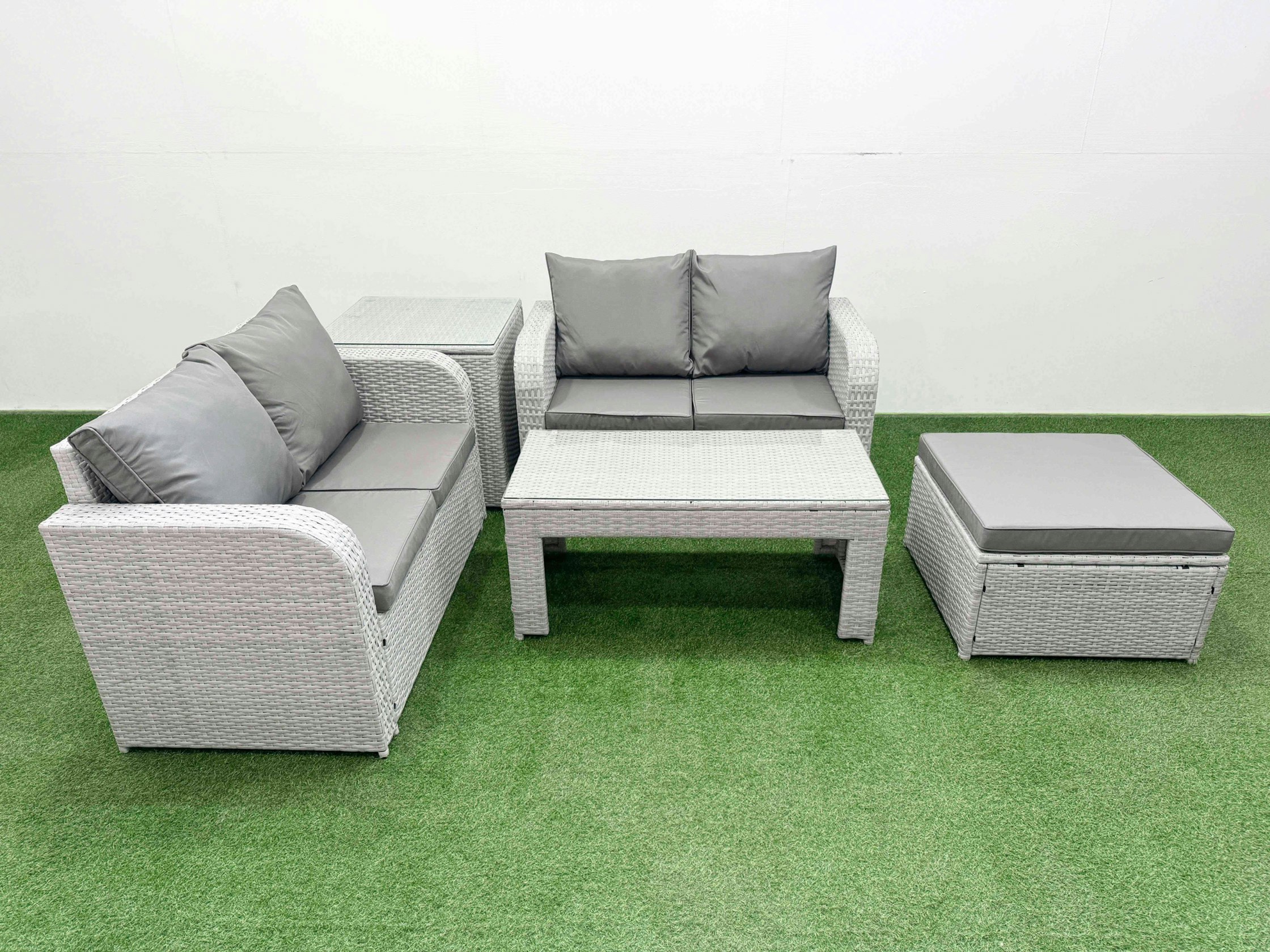 Fimous Light/Grey 5 Seater Outdoor Love Sofa Set Rattan Garden Furniture Set With Oblong Coffee Table Big Footstool Side Table