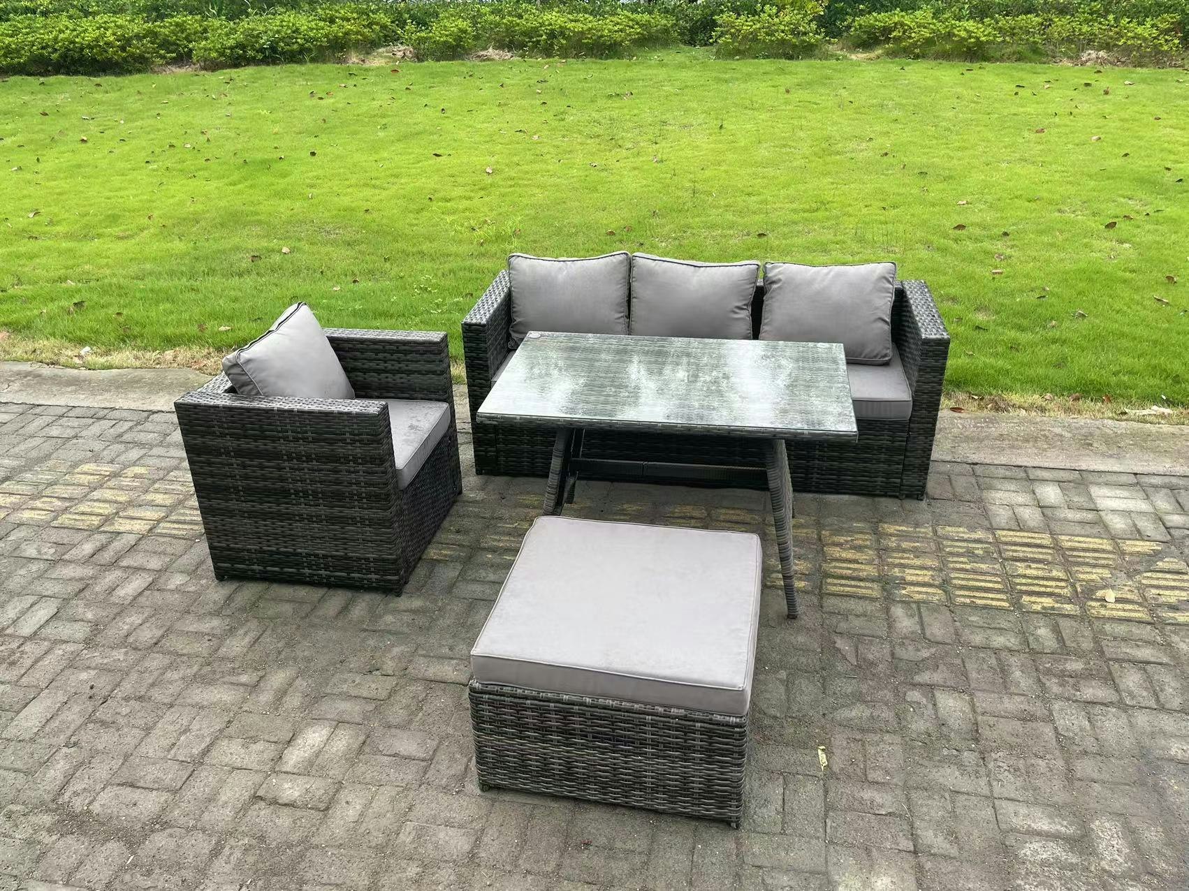 Rackhams Dark/Grey Rattan Outdoor Furniture Garden Dining Set With Oblong Dining Table Armchair Big Footstool Mixed