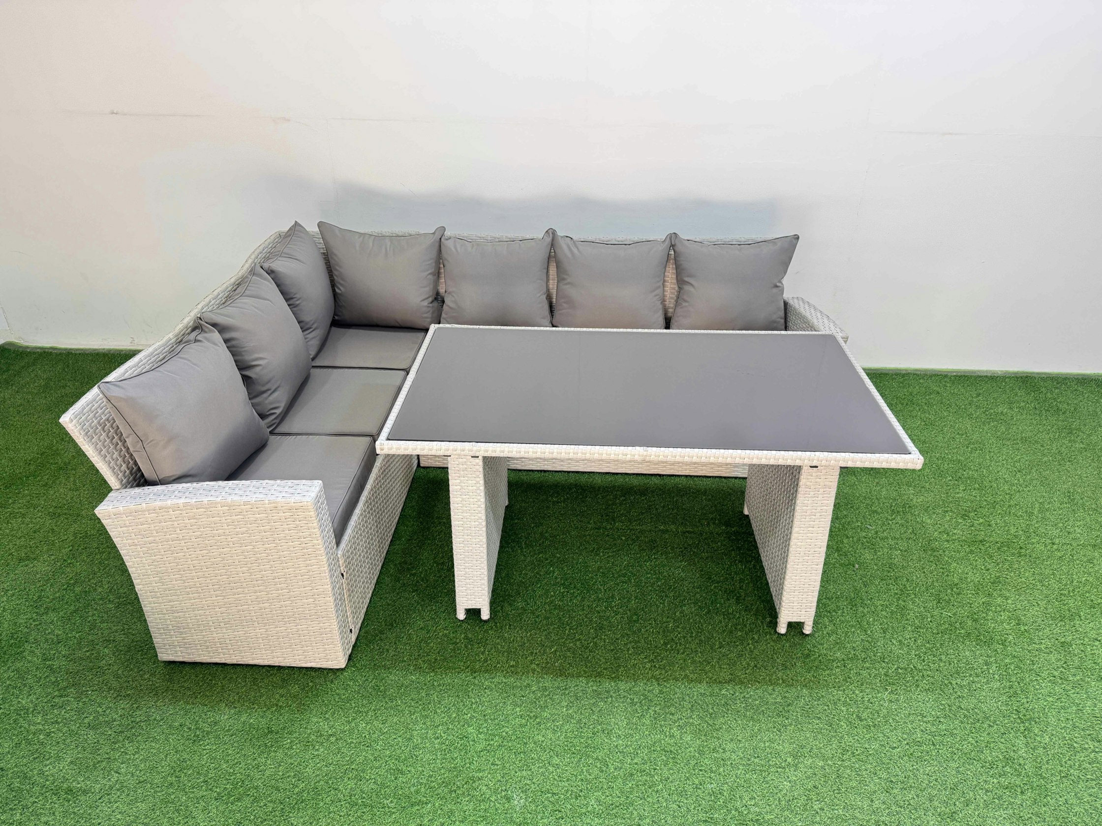 Rackhams Light/Grey 6 Seater Wicker Rattan Corner Sofa Sets Outdoor Garden Furniture Sets With Rectangular Dining Table Lounge Sofa