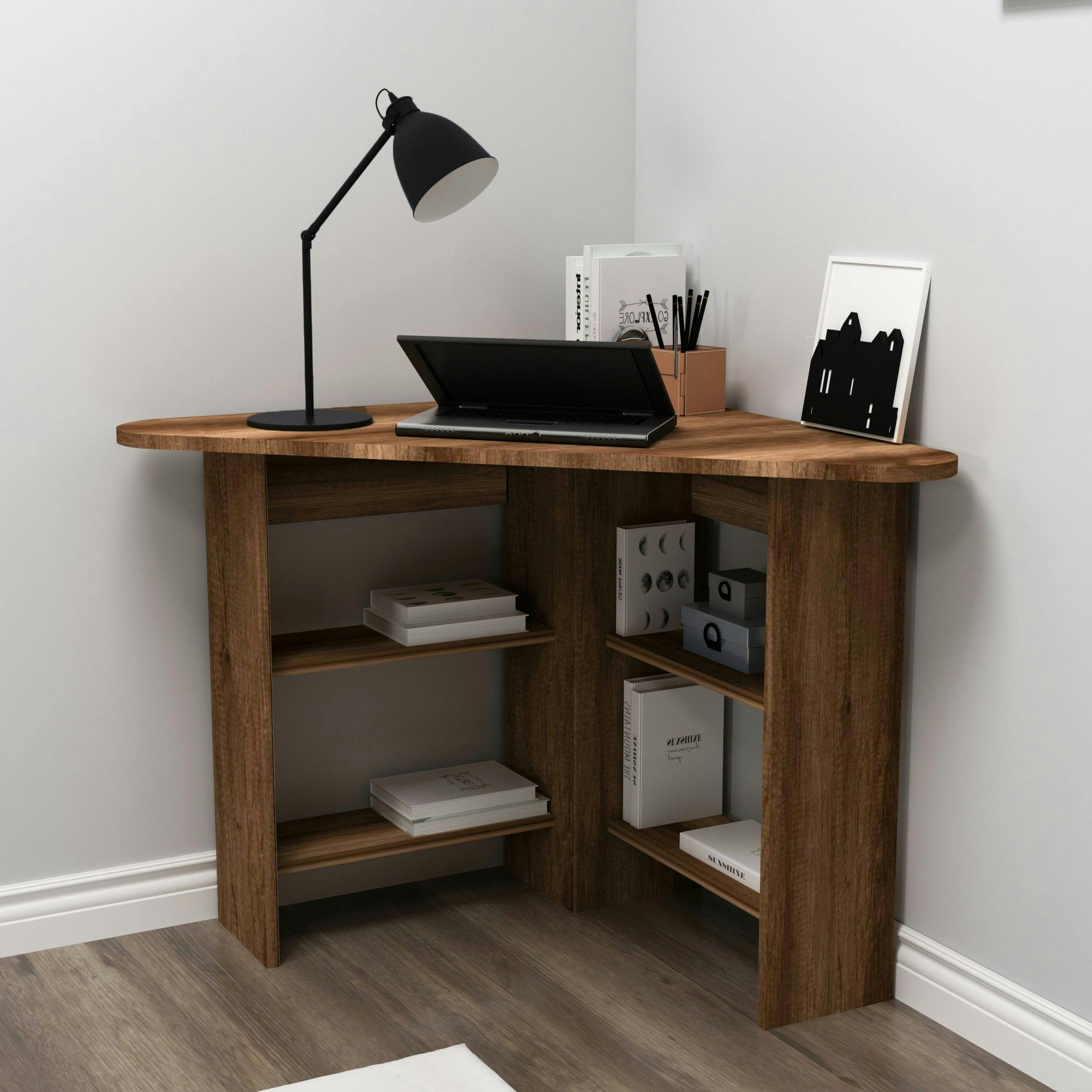 Rackhams Light Corner Computer Desk With Shelves-Gredos - Walnut
