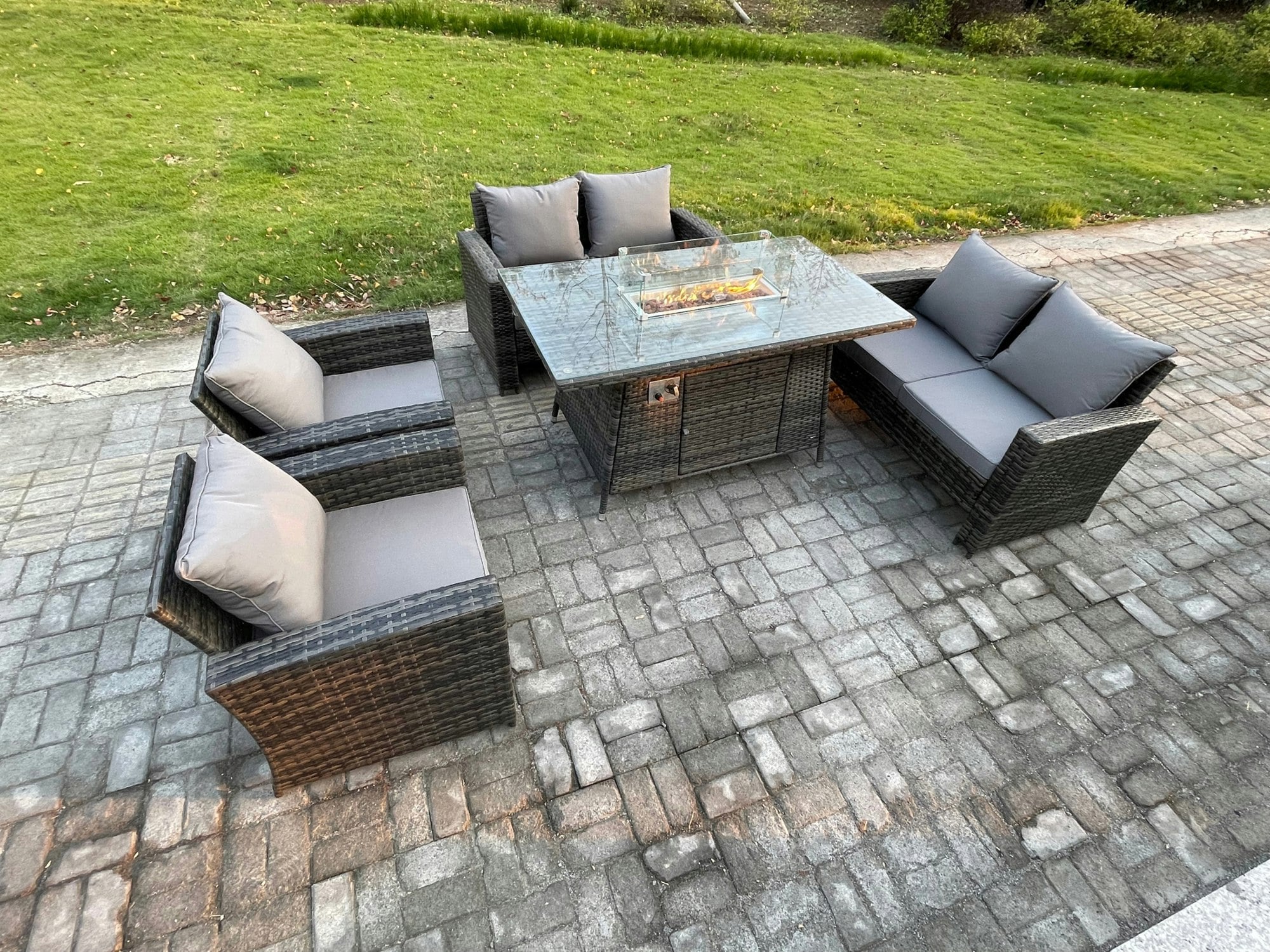 Fimous Dark/Grey Wicker Pe Rattan Garden Furniture Sets 6 Seater Patio Outdoor Gas Fire Pit Dining Table Heater Set With Double Seat Sofa Mixed