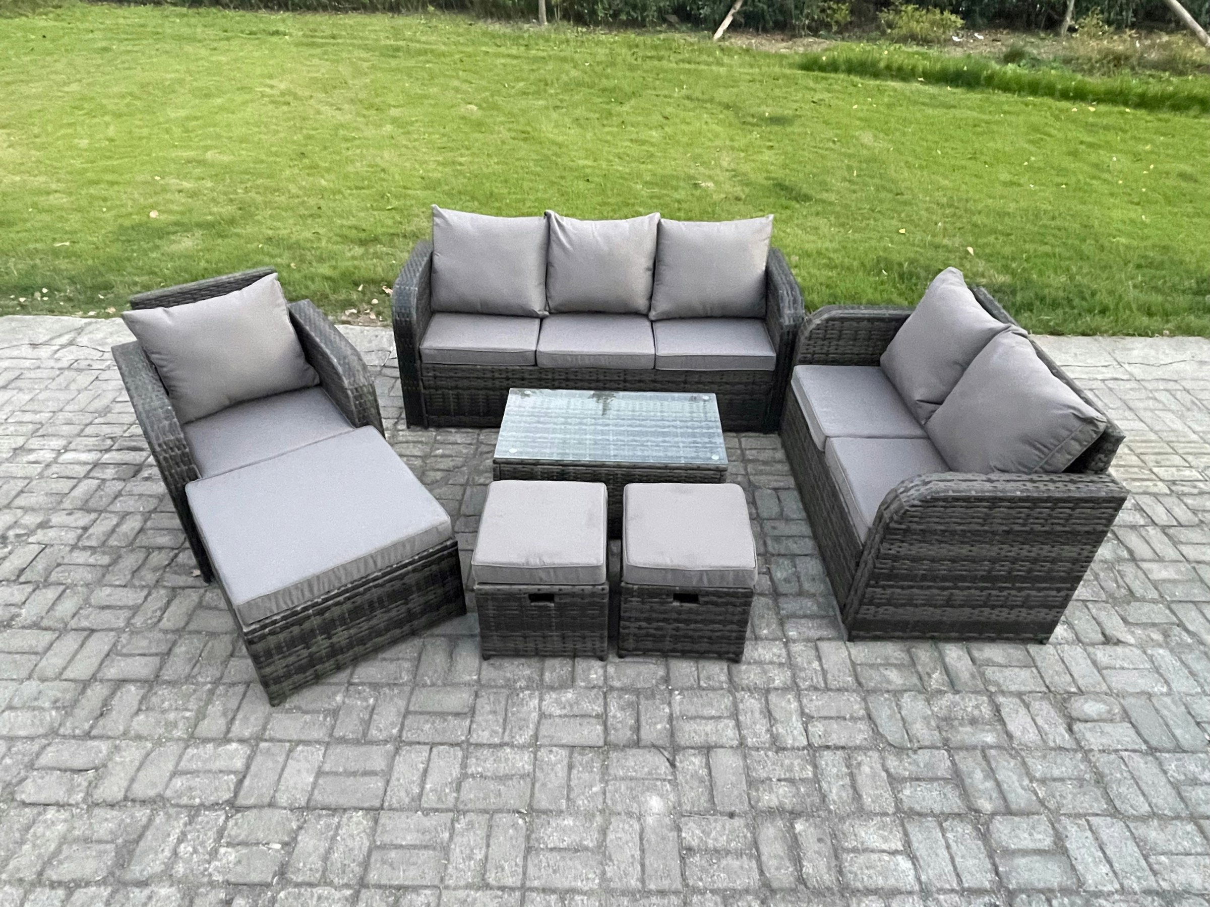 Fimous Dark/Grey Outdoor Garden Furniture Sets 7 Pieces Wicker Rattan Furniture Sofa Sets With Rectangular Coffee Table Loveseat Sofa 3 Footstools