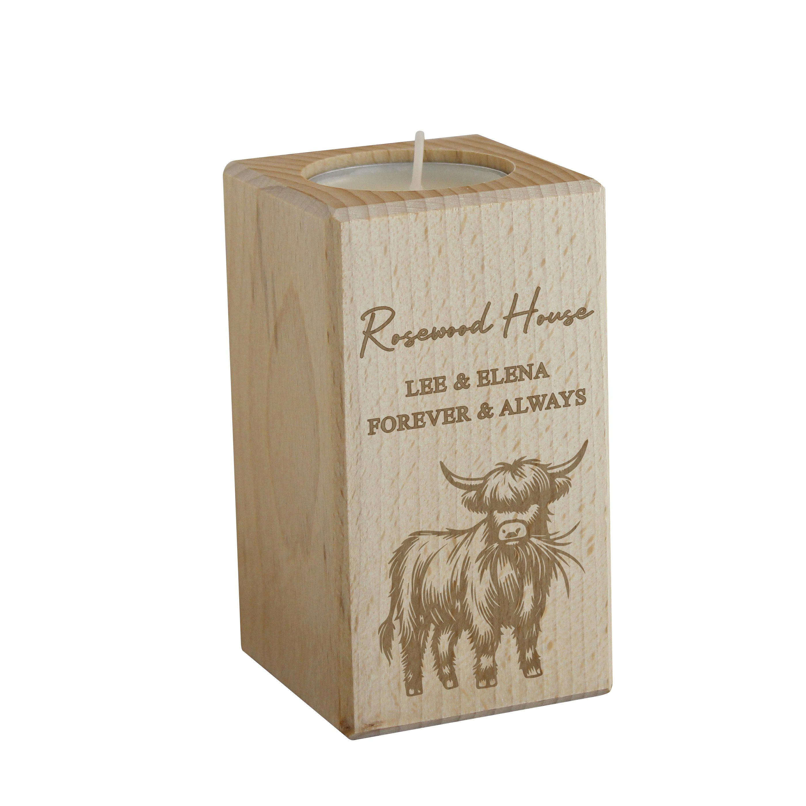 Rackhams Grain Personalised Highland Cow Wooden Tealight Holder