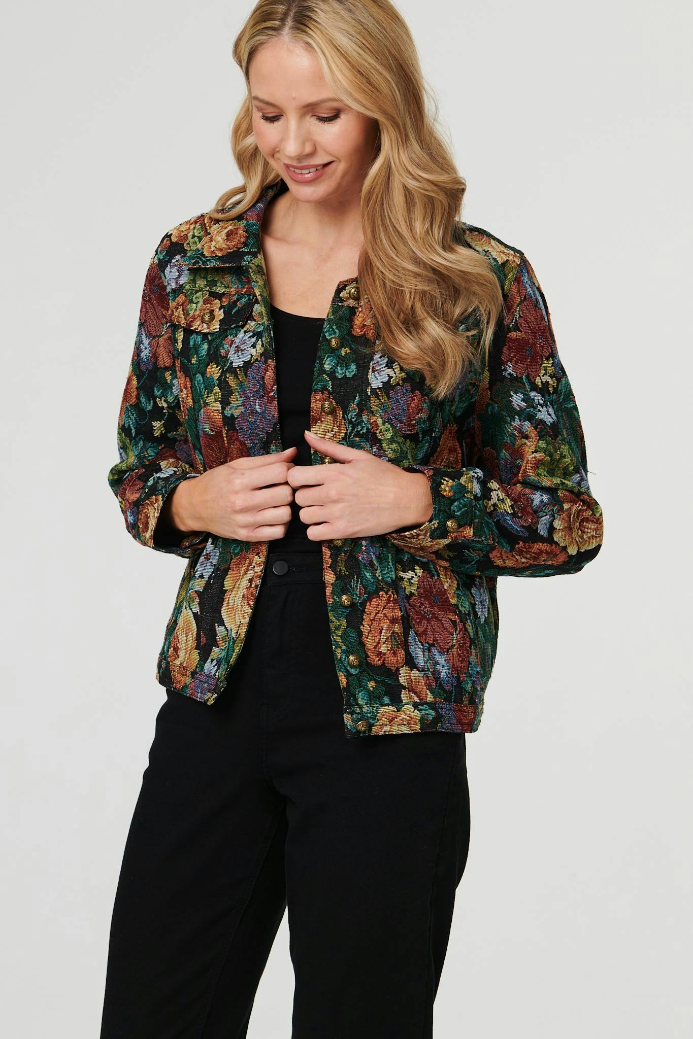 Izabel London Women's Black Floral Textured Long Sleeve Jacket - 12