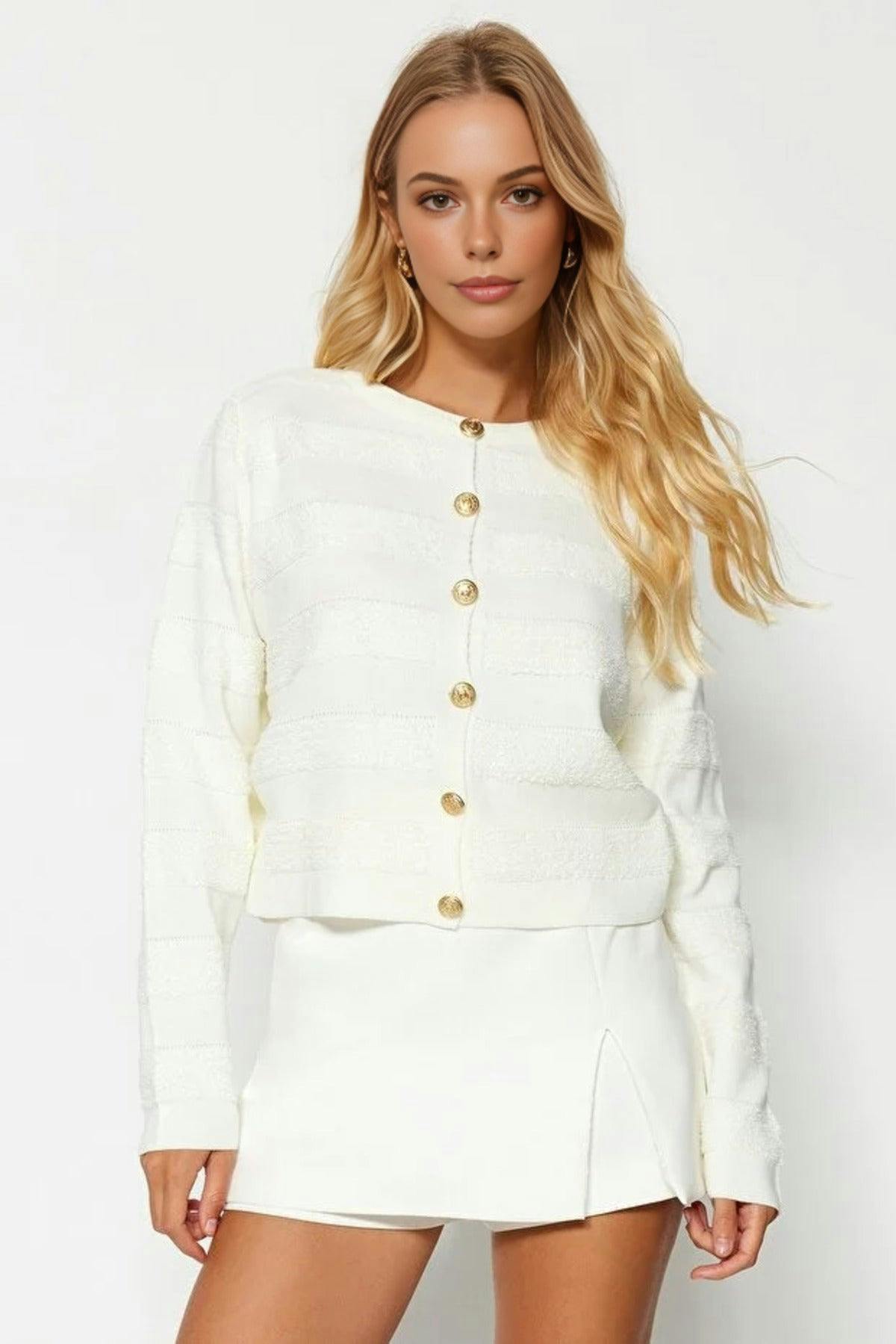 Wovcor White Crew Neck Knit Cardigan - M