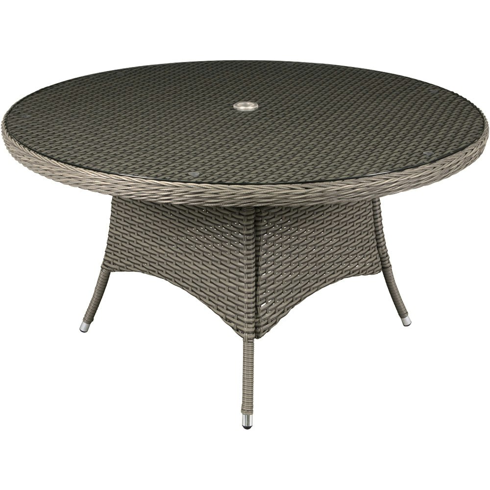 Rackhams Brown Round 6 Seater Garden Dining Table - Rattan Wicker & Glass Outdoor 135Cm