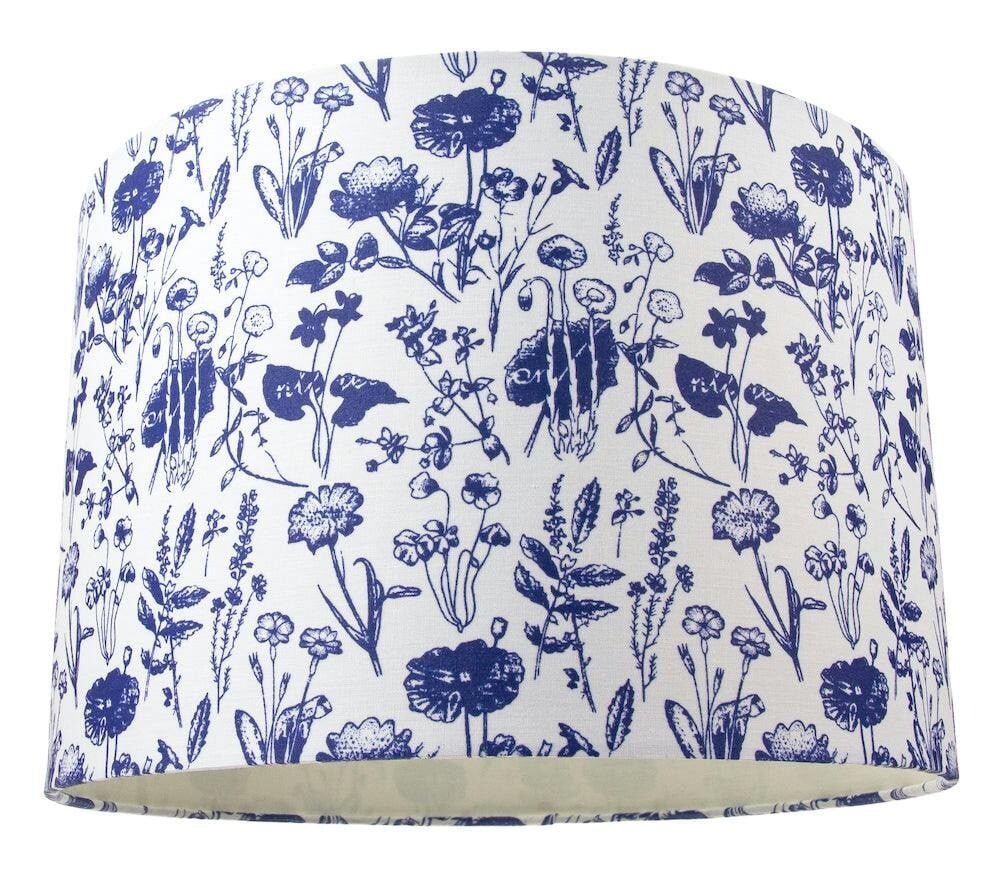 Happy Homewares White/Blue Cotton 12" Drum Lamp Shade With Floral Decoration And Inner Lining