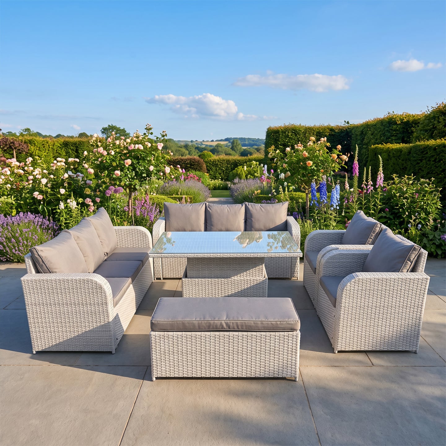 Rackhams Light/Grey Pe Rattan High Back Lounge Sofa Set Patio Adjustable Lifting Dining Or Coffee Table & Chairs Set With 3 Seater Sofa Reclining Chair