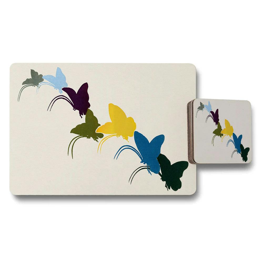Benjamin Tate Design Blue/Yellow/Purple Butterfly Pattern Placemat And Coaster Set With Colorful Butterflies