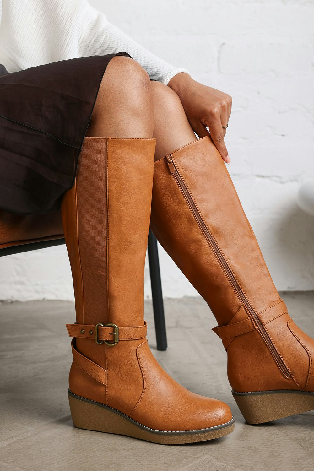 Where's That From Oriana Tan Faux Leather Knee High Wedge Boots With Strap And Buckle - Tan Size 3