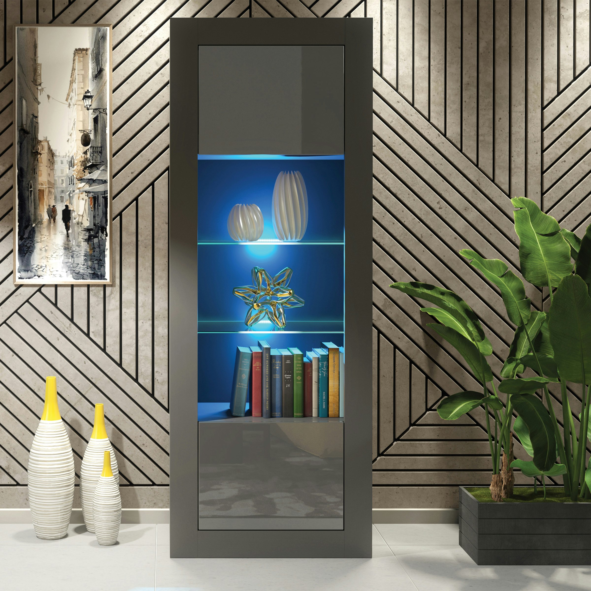 Rackhams Dark/Grey Charming Modern Display Cabinet 170Cm With Free Led – High Gloss Doors