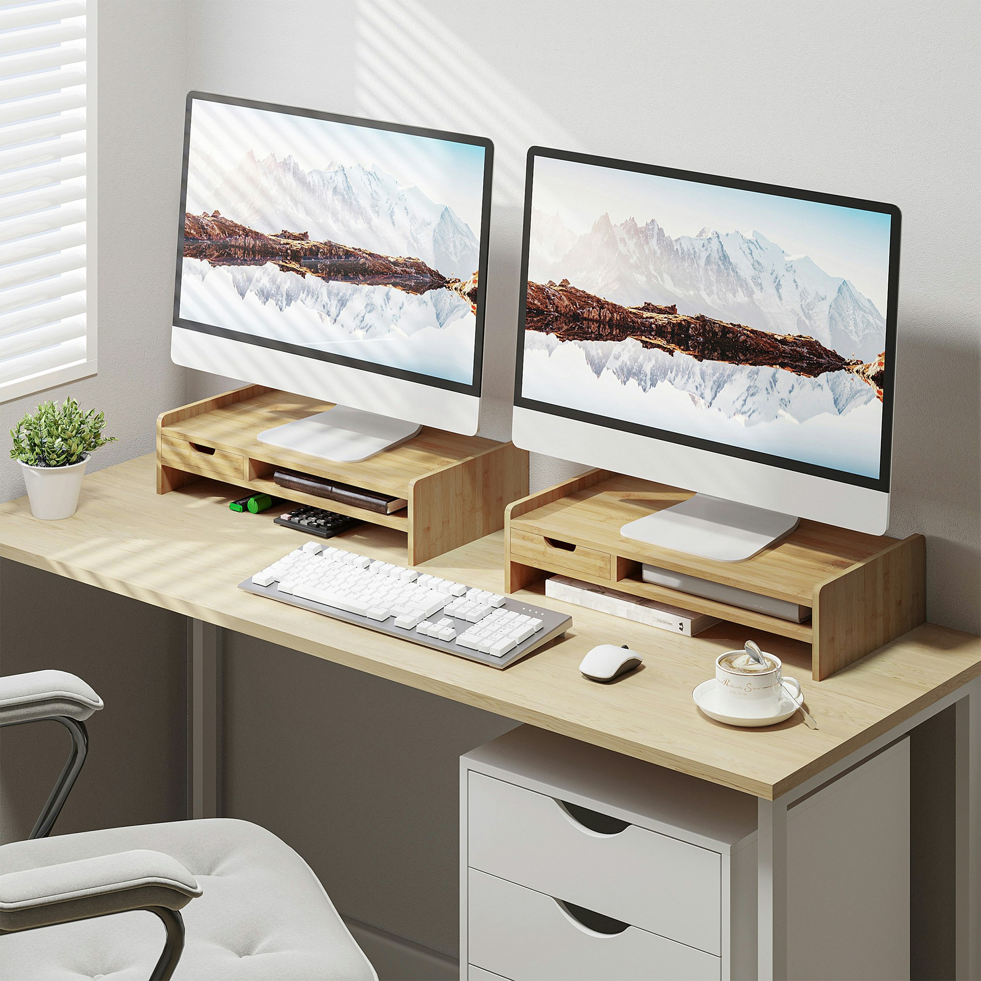 Homcom Monitor Riser Laptop Pc Plinth Stand Desktop Organiser W/ Drawer Bamboo
