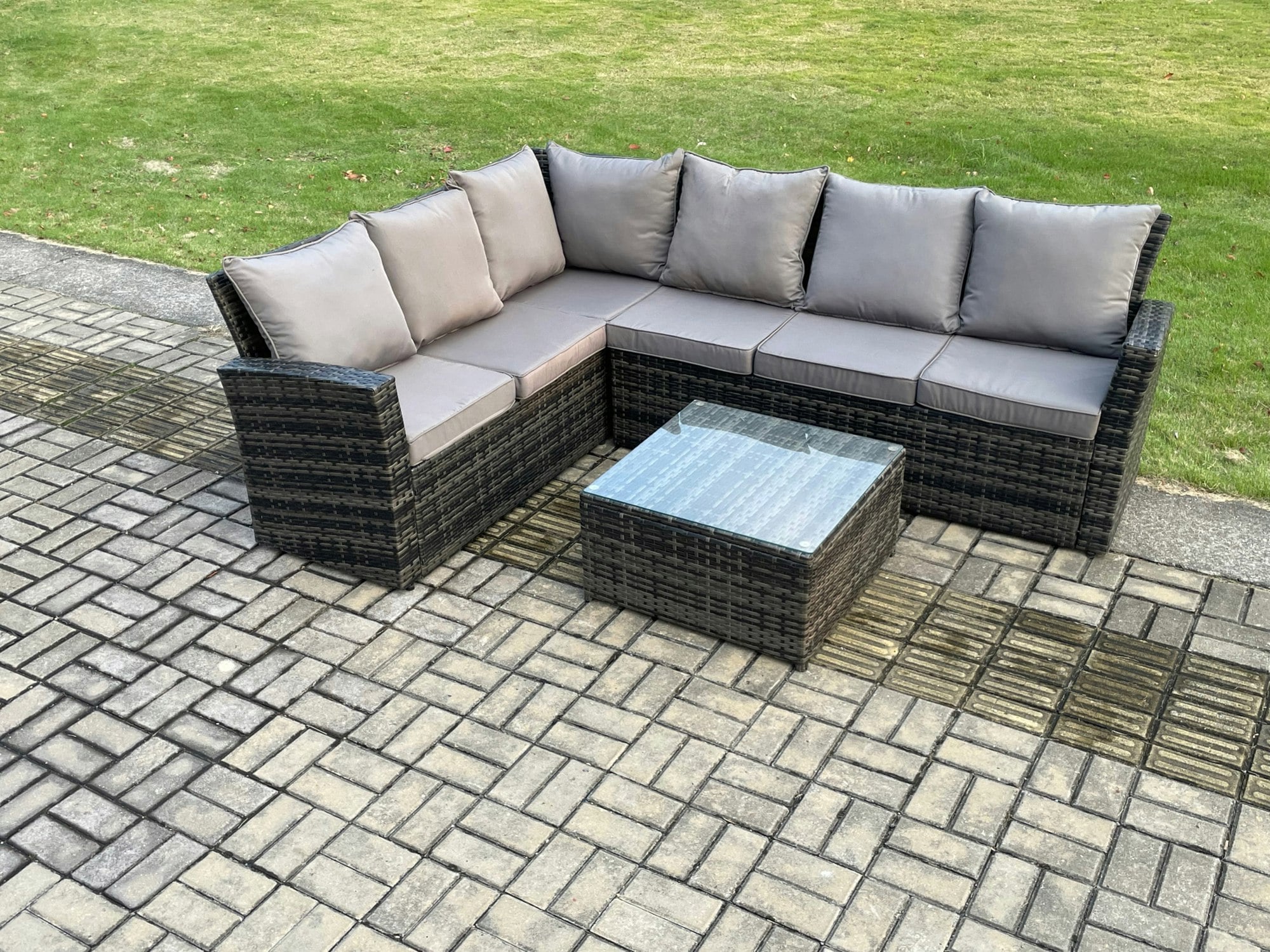 Fimous Dark/Grey 6 Seater Outdoor Furniture Garden Dining Set Rattan Corner Sofa Set With Square Coffee Table Mixed