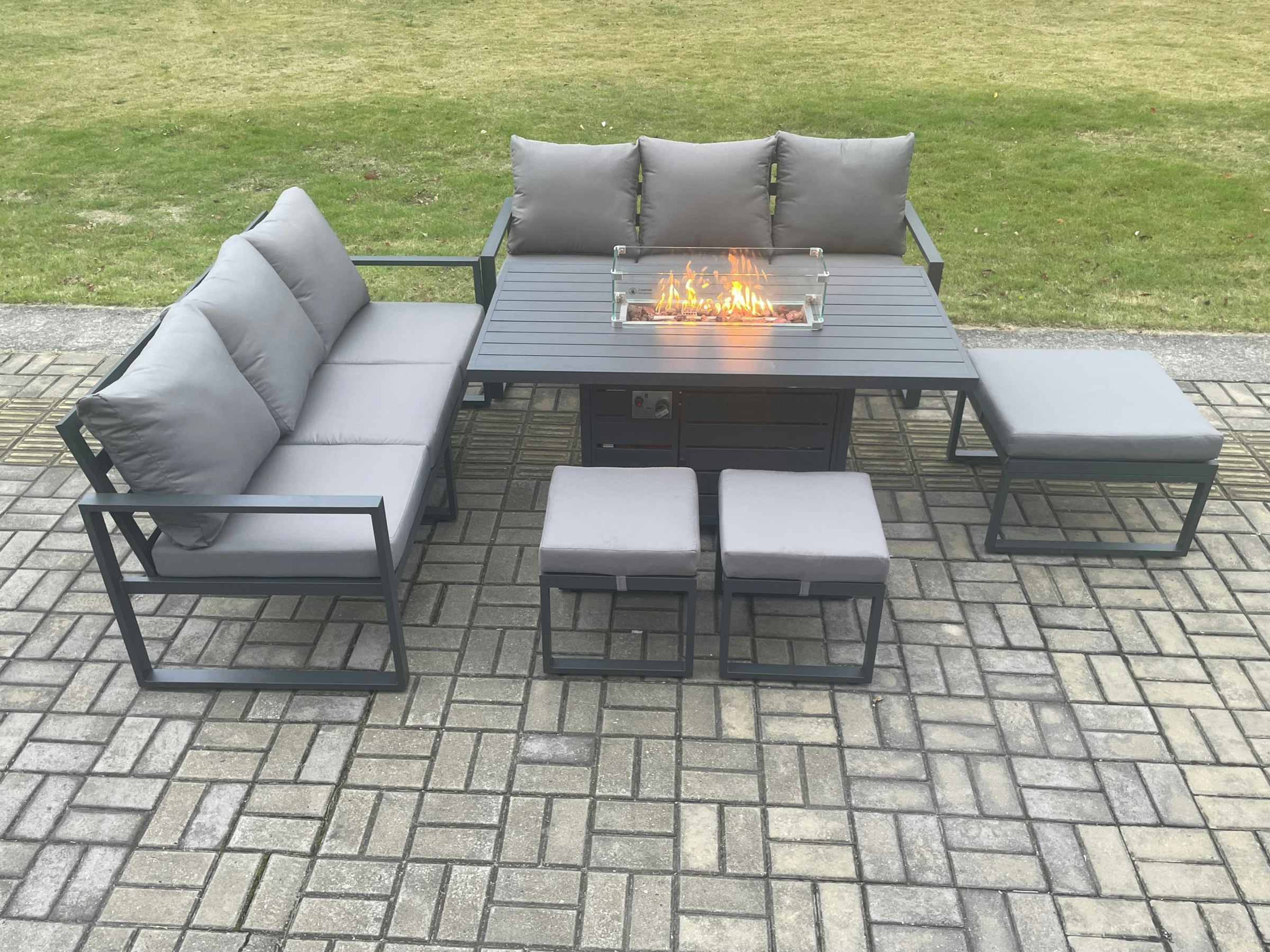 Rackhams Dark/Grey Aluminium Outdoor Lounge Sofa Garden Furniture Sets Gas Fire Pit Dining Table Set With 3 Footstools