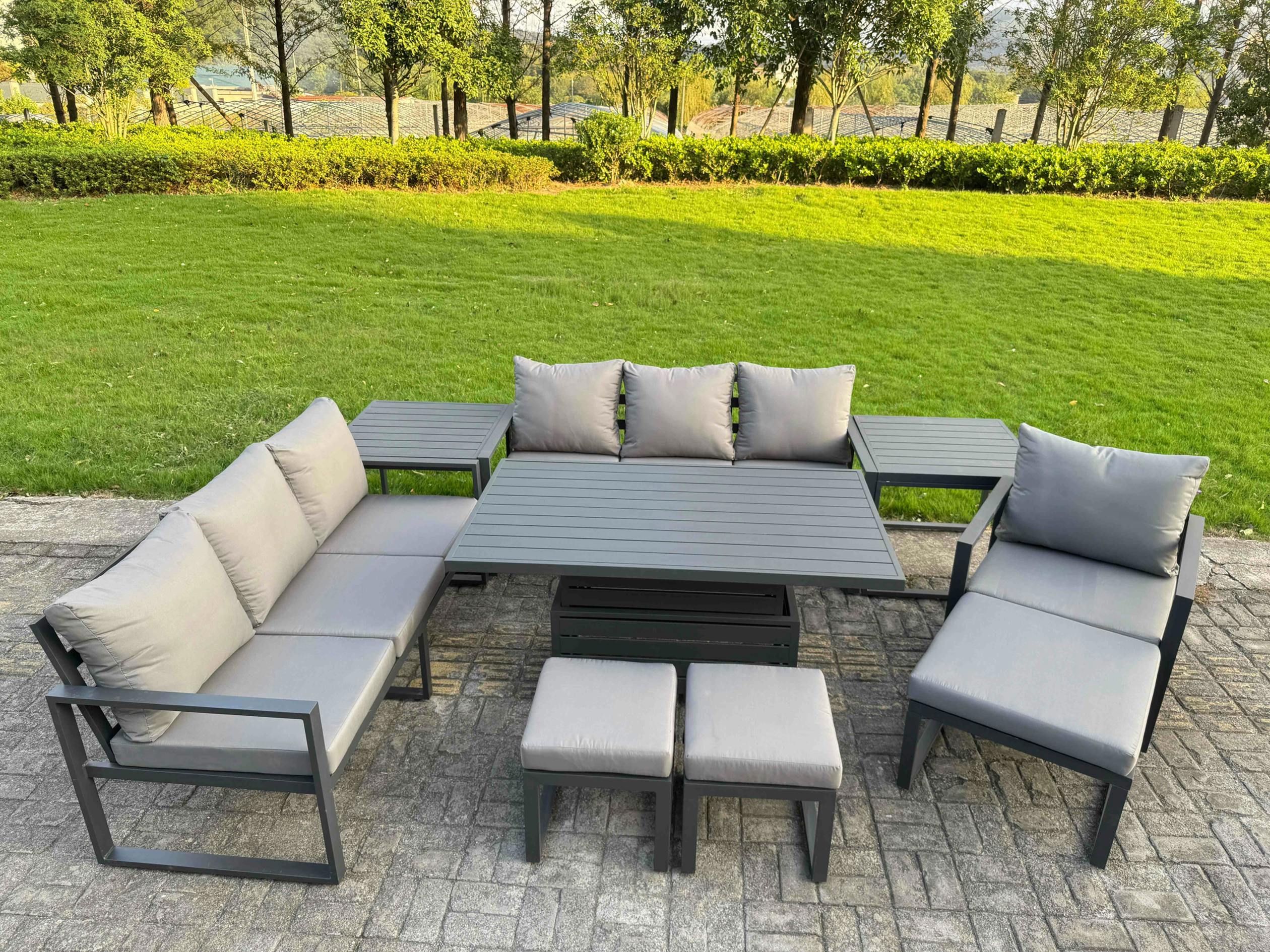 Rackhams Grey 10 Seater Aluminium Outdoor Garden Furniture Set With Adjustable Rising Dining Table, 2 Sofas, 3 Footstools, 2 Side Tables & 1 Chair