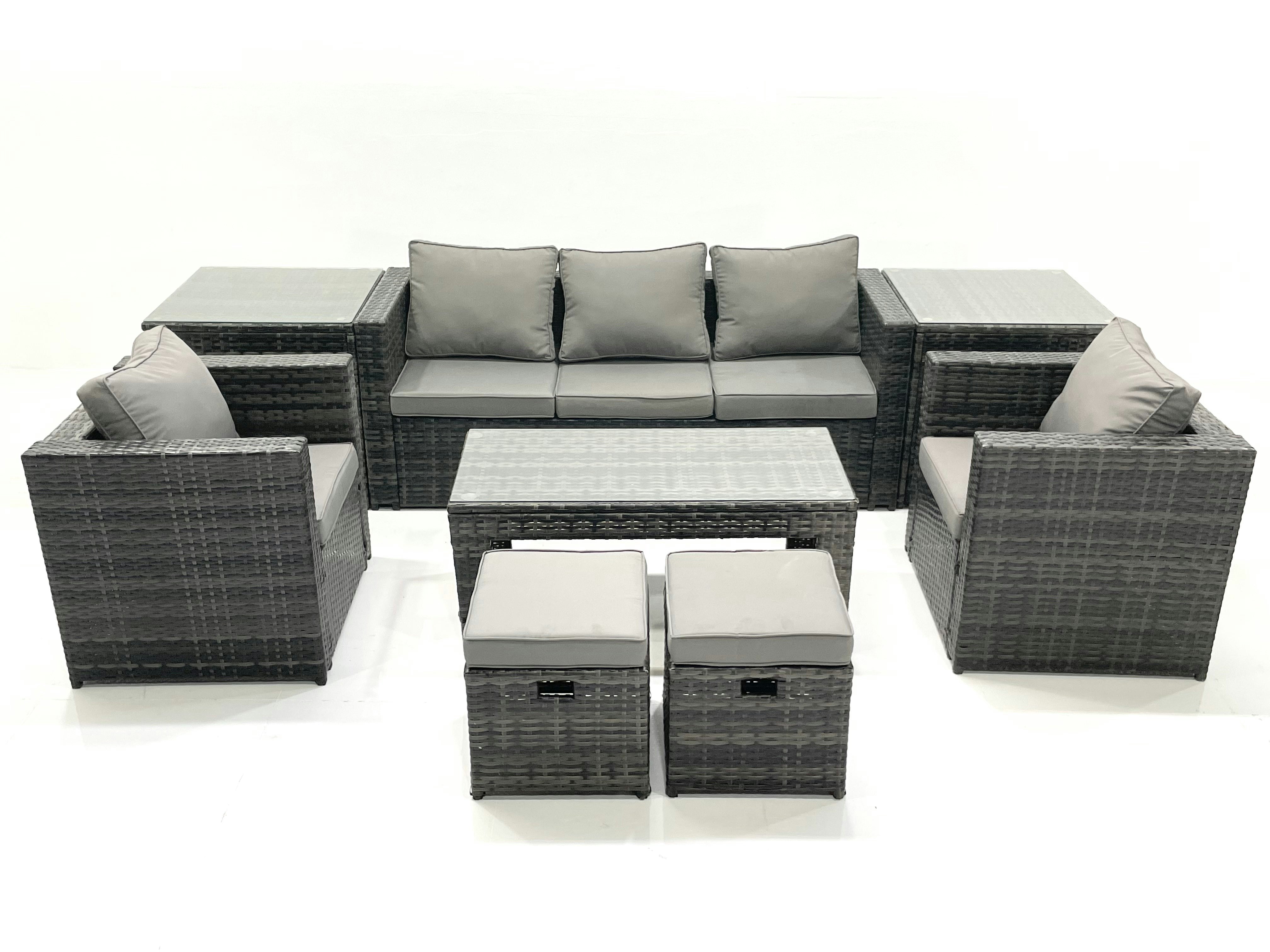 Fimous Dark/Grey Rattan Garden Furniture Set Outdoor Lounger Sofa With Coffee Table 2 Armchair 2 Small Footstools 2 Side Tables Mixed