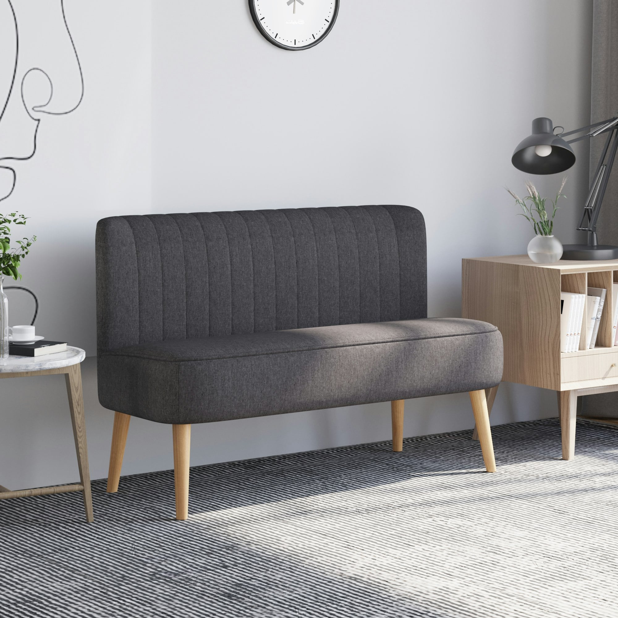Rackhams Dark/Grey Velvet-Feel Double Sofa W/ Foam Padding High Back - Polyester, Wood, Sponge - 2 Seater