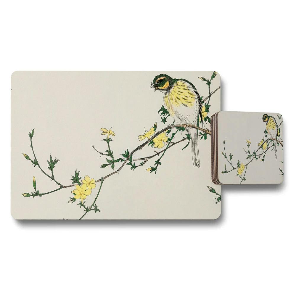 Benjamin Tate Design Yellow Birds On Branch Floral Placemat And Coaster Set With Flowers