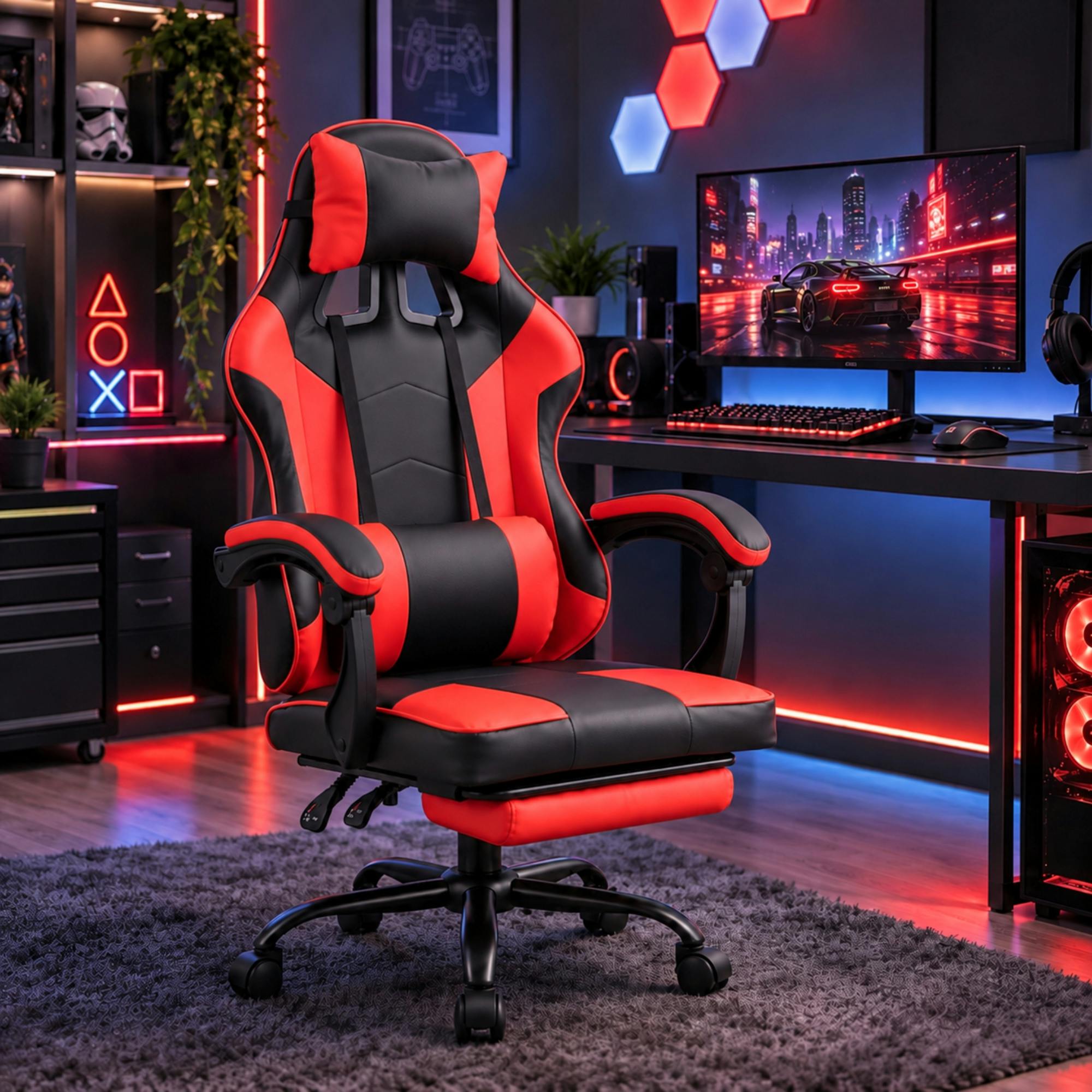 Samuel Alexander Red Gaming Chair With Footrest And Removable Pillows - Red - Image 4